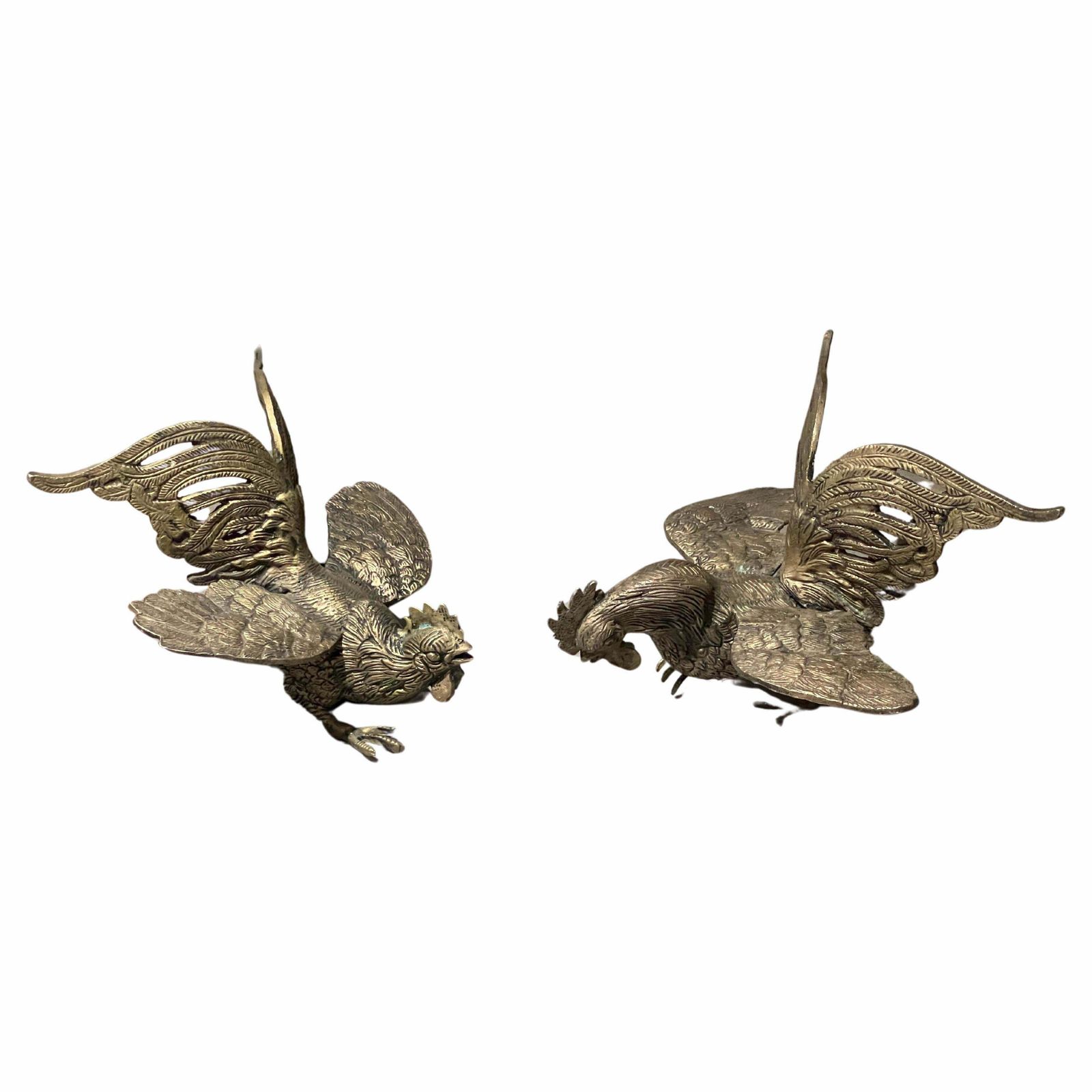 Antique Pair Of Silver Rooster Stands, Golden Decoration Object For Home Décor