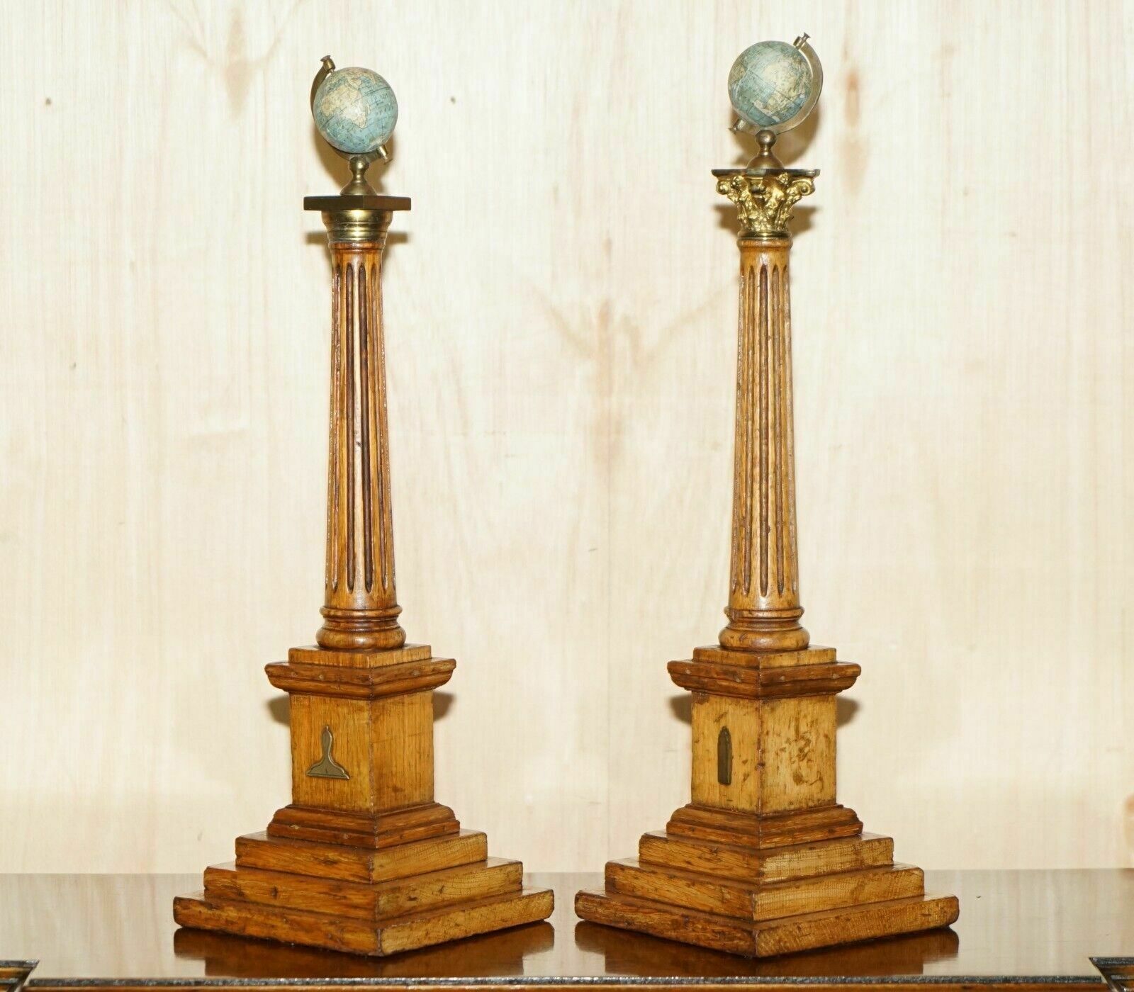 Unique Pair Of Antique John Stone's Miniature Globes On Corinthian Pilled Bases
