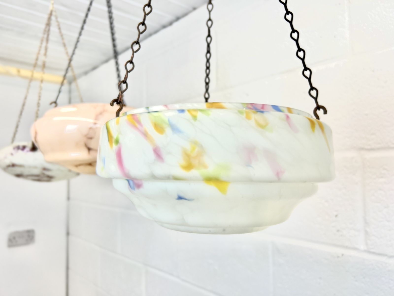 Art Deco, Multi Coloured Glass Ceiling Light Shade / Bowl & Chain