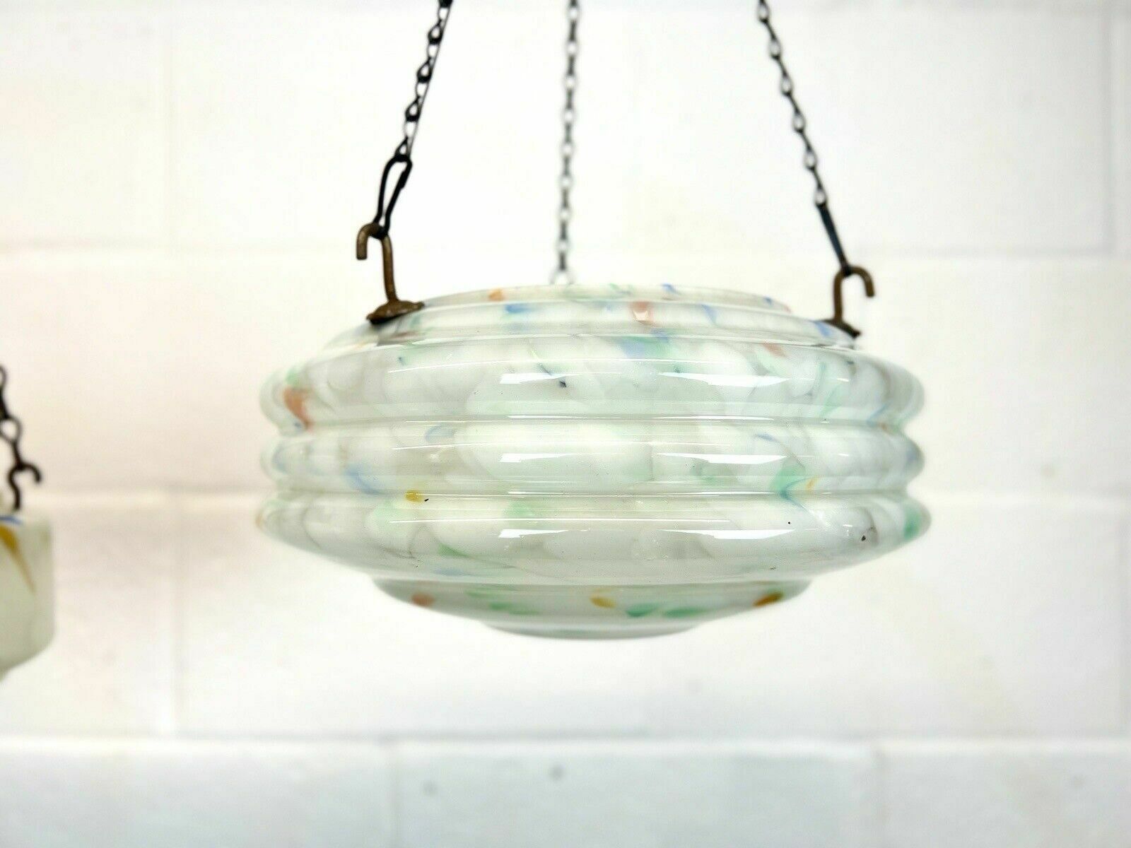 Art Deco, Multi Coloured Ribbed Glass Ceiling Light Shade / Bowl & Chain photo furniture