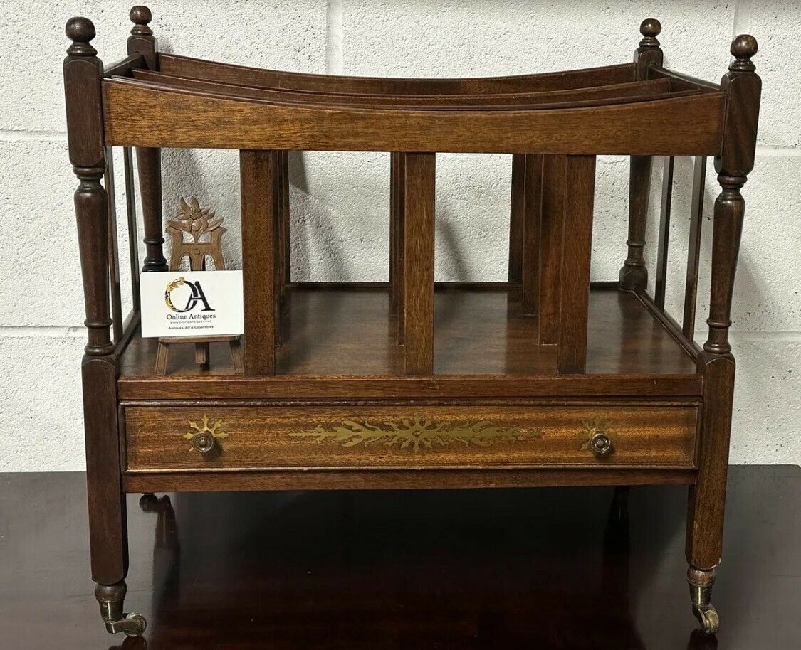 Quality Antique Mahogany Canterbury Magazine Rack With Decorative Brass Inlay