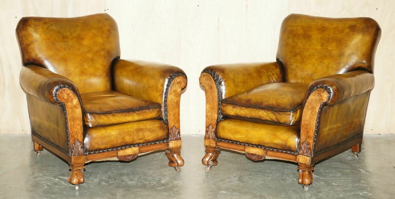 Fine & Important Pair Of Antique Hand Carved Burr Walnut Brown Leather Armchairs