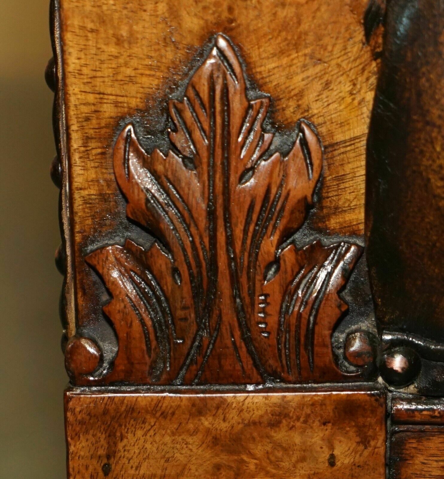 10000.0 Fine & Important Pair Of Antique Hand Carved Burr Walnut Brown Leather Armchairs photo