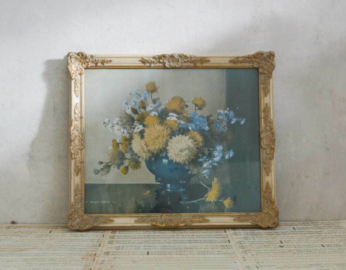Rare Vintage Vernon Ward Peerart Product Wall Art, 1940s Framed Mixed Bunch Flowers, Antique Ornate Gilt Frame With Glass Cover 35x30 Cm
