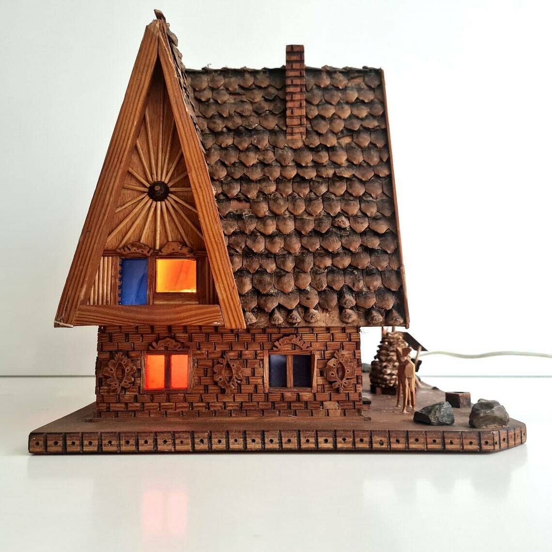 Lovely Vintage Hand Carved Big Cottage With Lighting. Deer Feeding Scene. Retro сhristmas Home Dec photo for sale