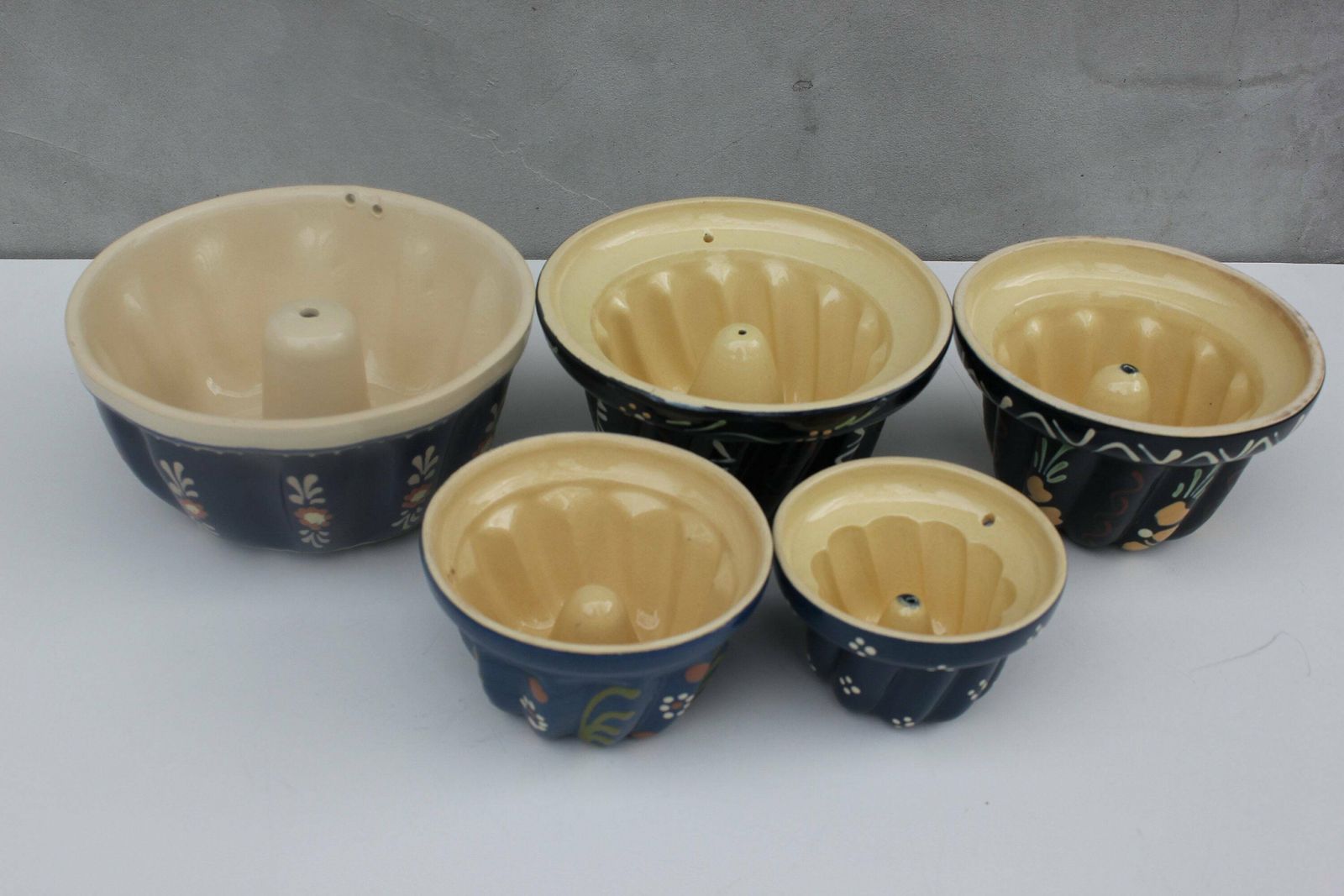 Five Useful Cake Jelly Pudding Chocolate Molds French 19th Century Country Kitchen Ceramic Pastry And Sweet Shop Wall Hanging Decoration photo vintage
