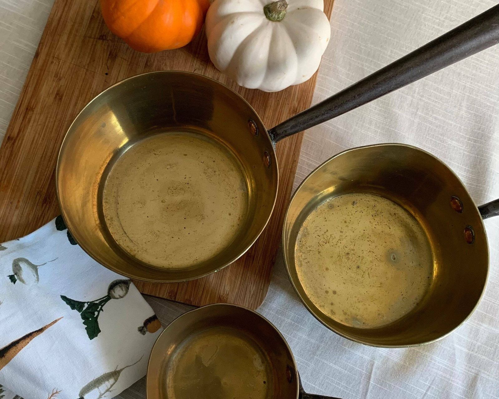 Set Of Copper Saucepans|Vintage Copper Kitchenware|Rustic Saucepans|Country Kitchen Decor Sauté Pans photo furniture