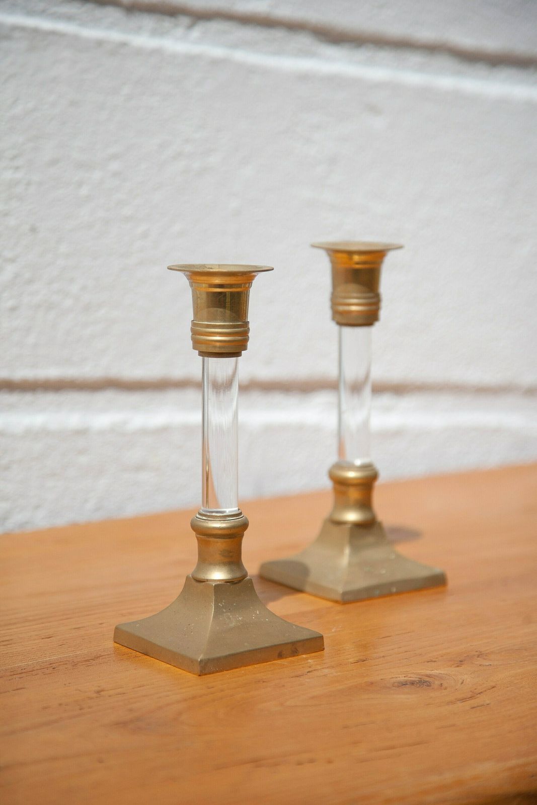 photo for sale Pair Of Vintage Candlestick, Brass And Lucite Candlestick, Candle Holder, Plexiglass Column Candlestick, Neoclassical, Candle Holder,Candlestick