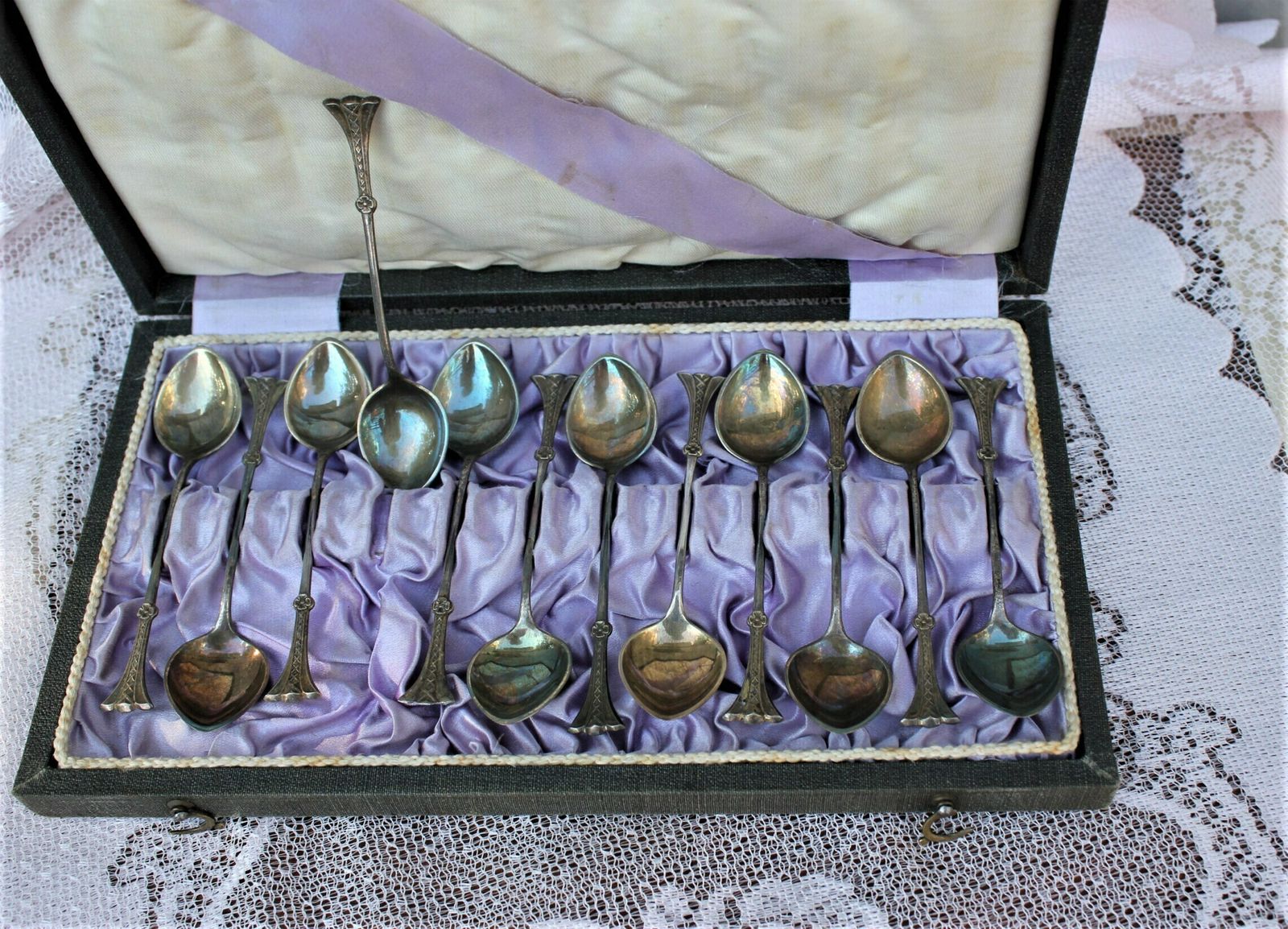Full Set Silver Plated Coffee Spoons With Fine Handles In Box Art Nouveau Decoration Set Of 12 photo vintage
