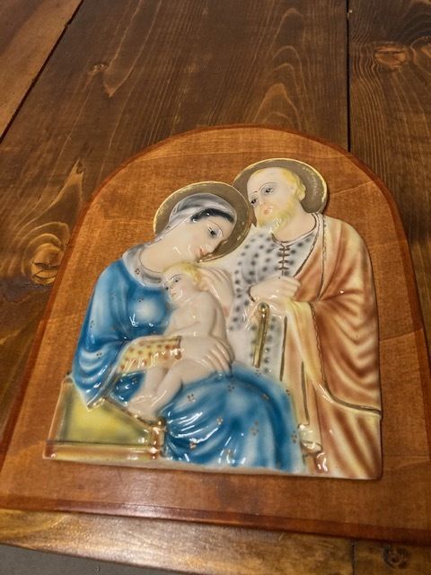 Ancient Majolica Plaque "Holy Family" Mica Sesto Fiorentino 1940 photo furniture