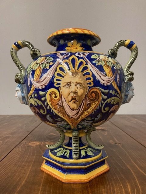 Home Decor Antique Trilobed Majolica Vase Ginori 1860 With Festoons. Blue Signature. Very Good Condition photo