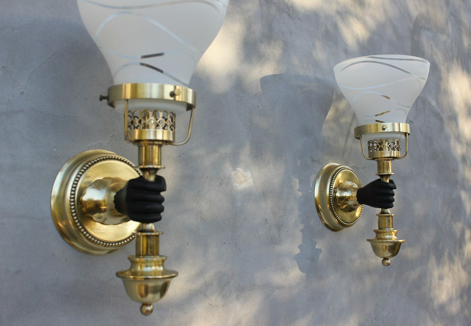 Set Of Three Maison Jansen Sconces Hand With Torch Wall Mounted Lamps, Black And Brass Light Fixture, John Devoluy Wall Light, Wall Lamp photo buy
