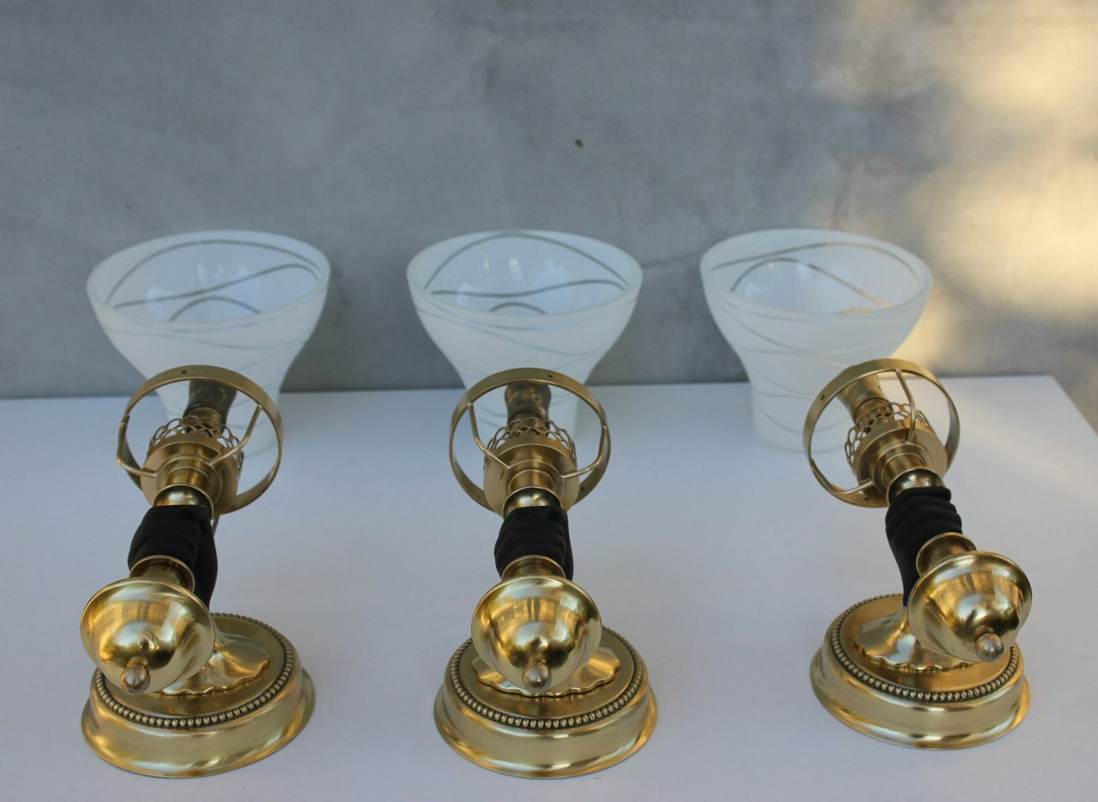 photo for sale Set Of Three Maison Jansen Sconces Hand With Torch Wall Mounted Lamps, Black And Brass Light Fixture, John Devoluy Wall Light, Wall Lamp
