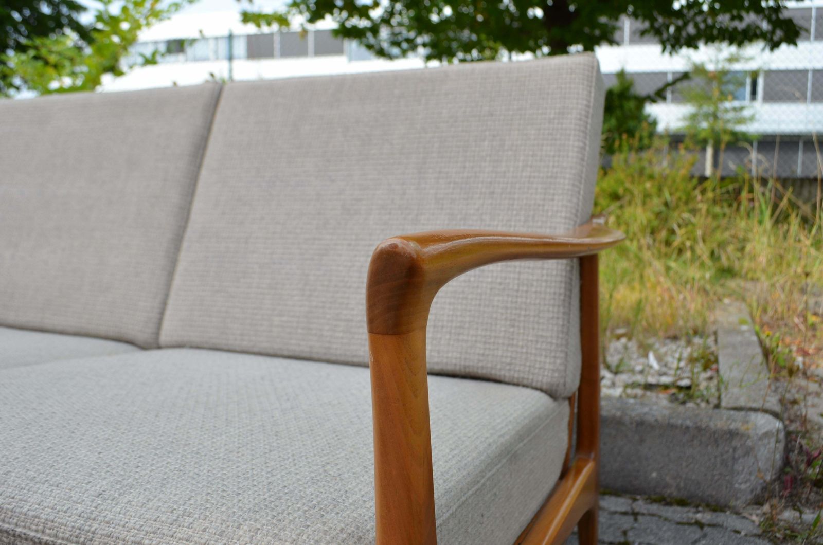 photo furniture Wilhelm Knoll Antimott Walnut Mid Century Sofa Grey Wool