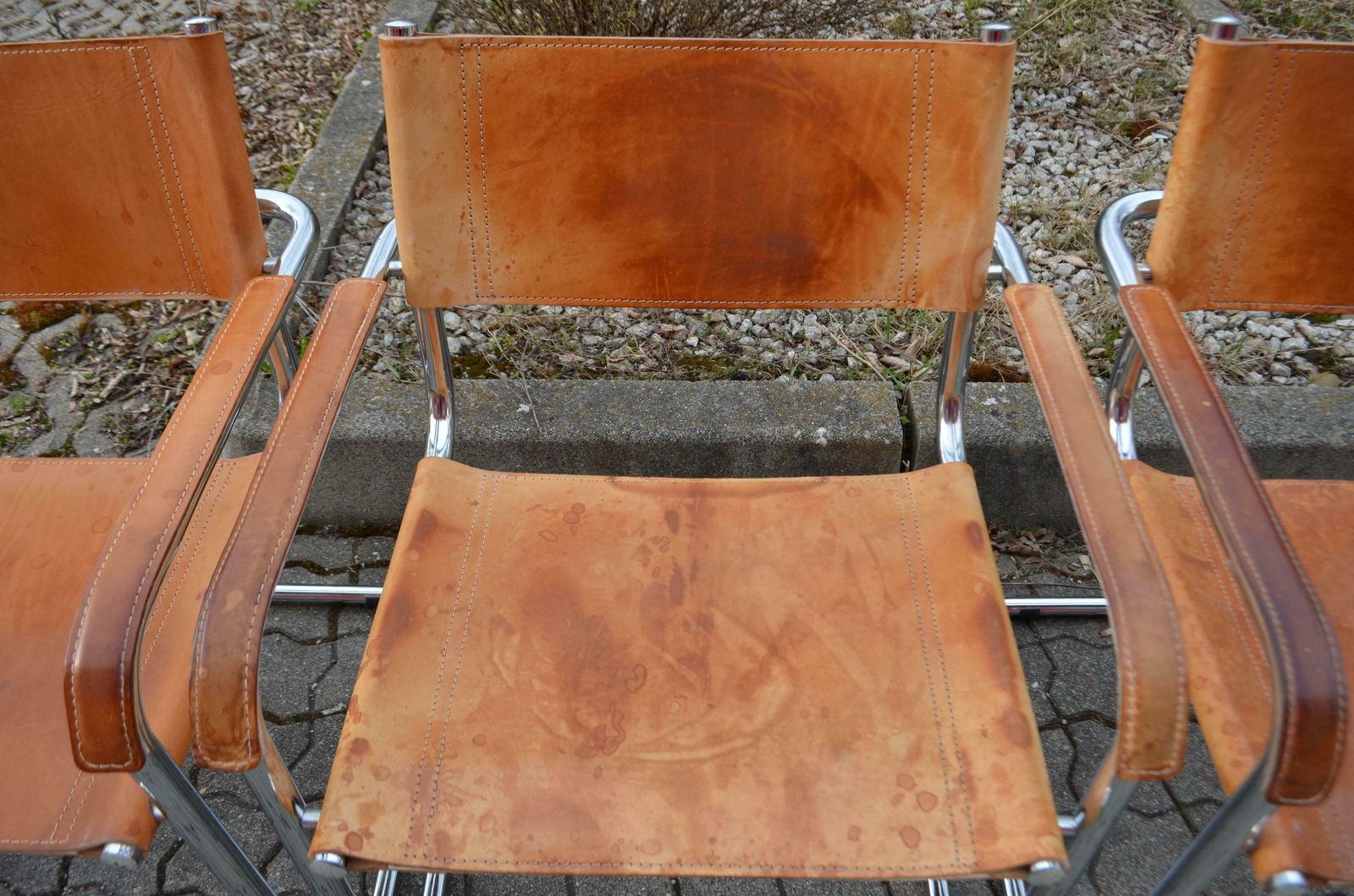 photo for sale Vintage Italy Cognac Vegetal Leather Dining Chairs Armchairs Cantilever Set Of 6