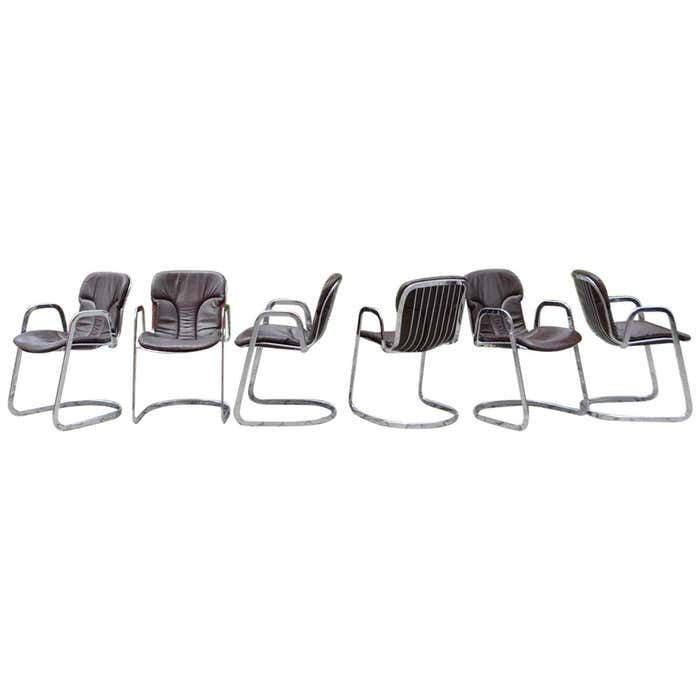 Cidue Dining Armchairs Chairs Design By Willy Rizzo Set Of 6 Chrome And Leather