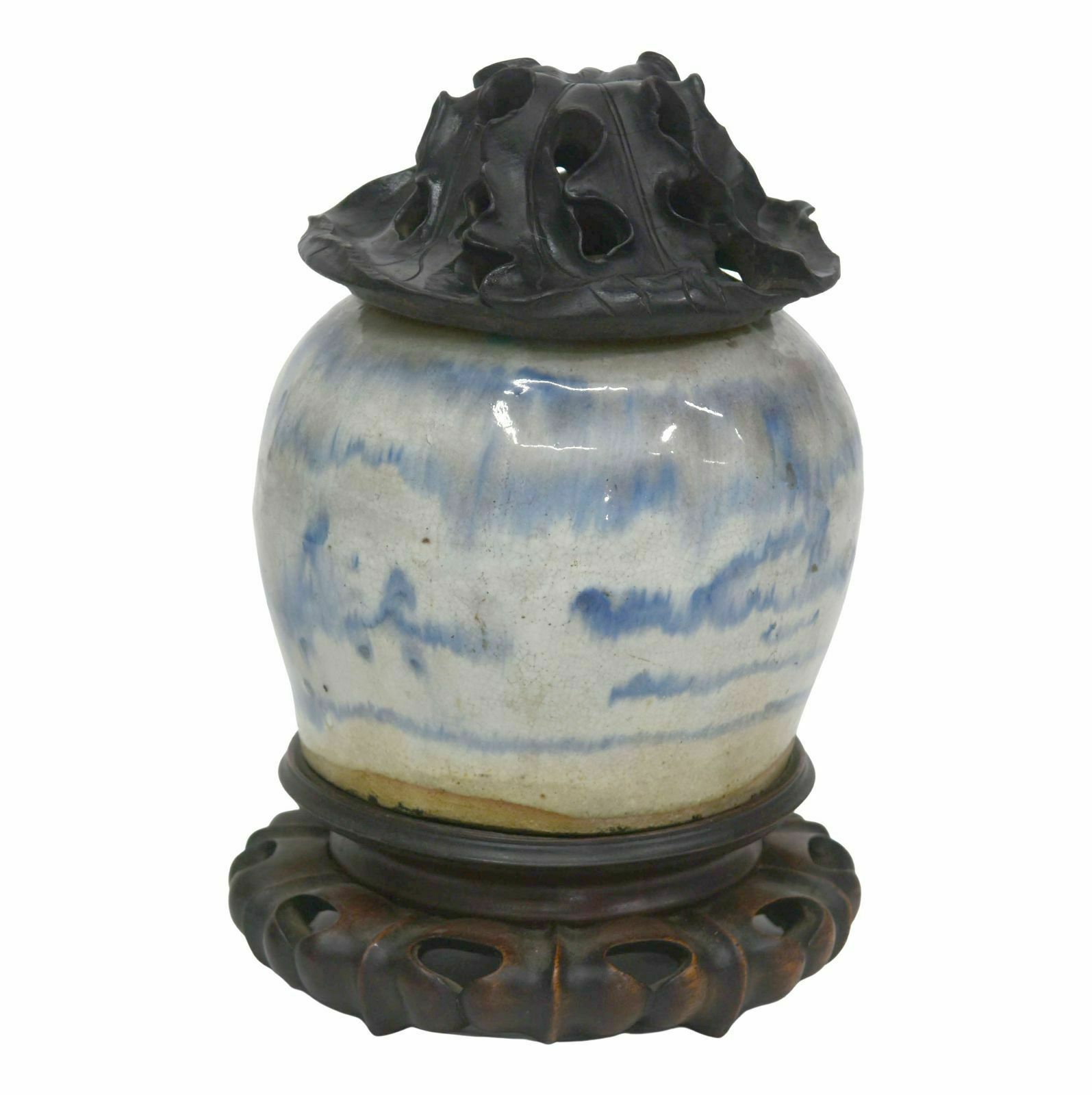 Asian Lidded Pot From The Late 19th Century, White And Blue