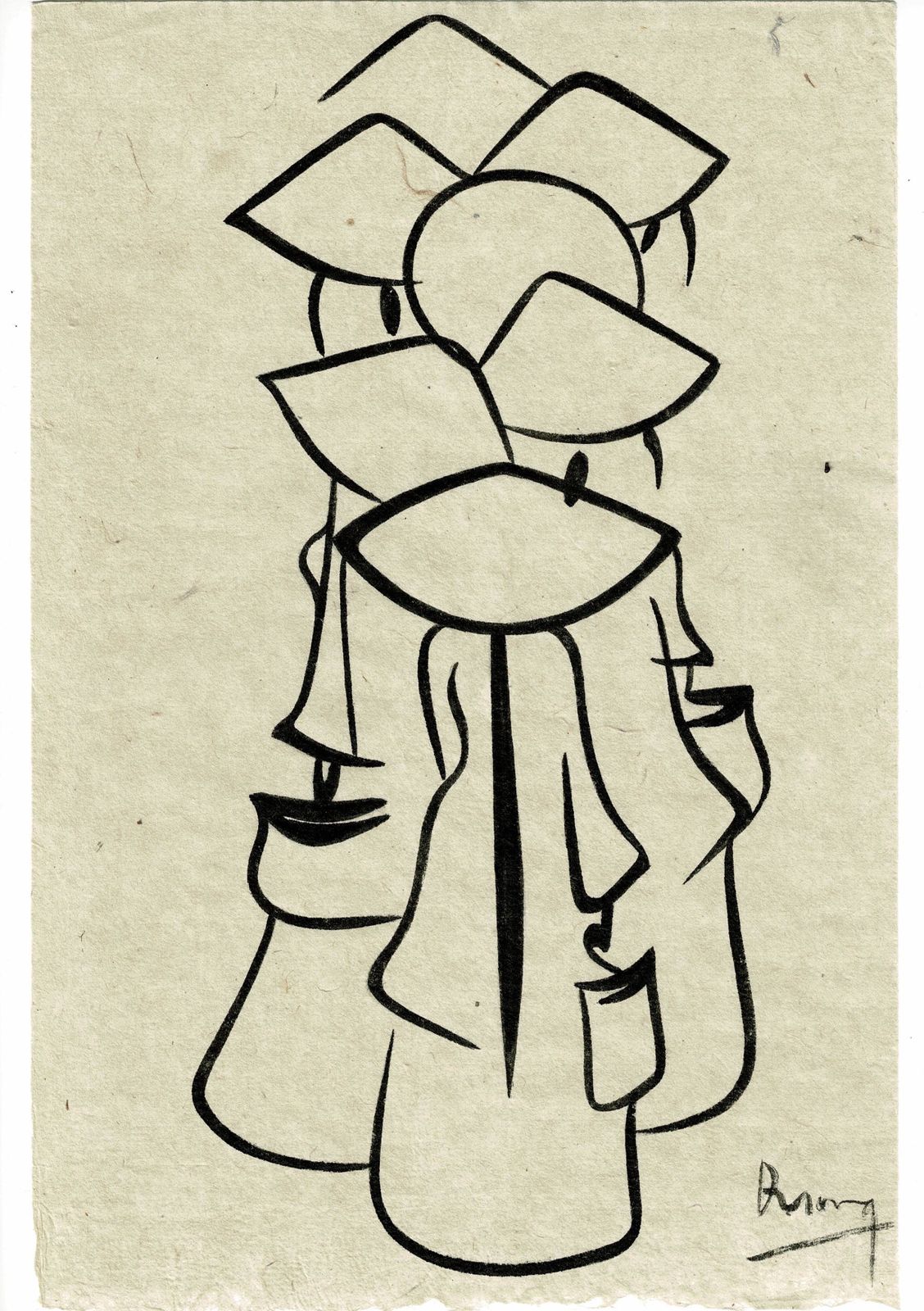 Vintage Vietnames Cotton Canvas Authentic Pen And Ink Drawing