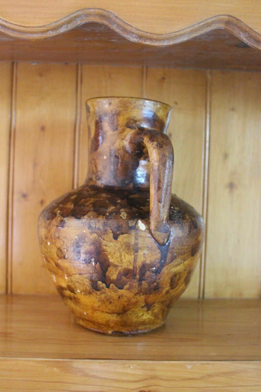 Antique French Terracotta Glaze Jug 19th C Hand Turned Clay Stoneware Pot Vase photo for sale