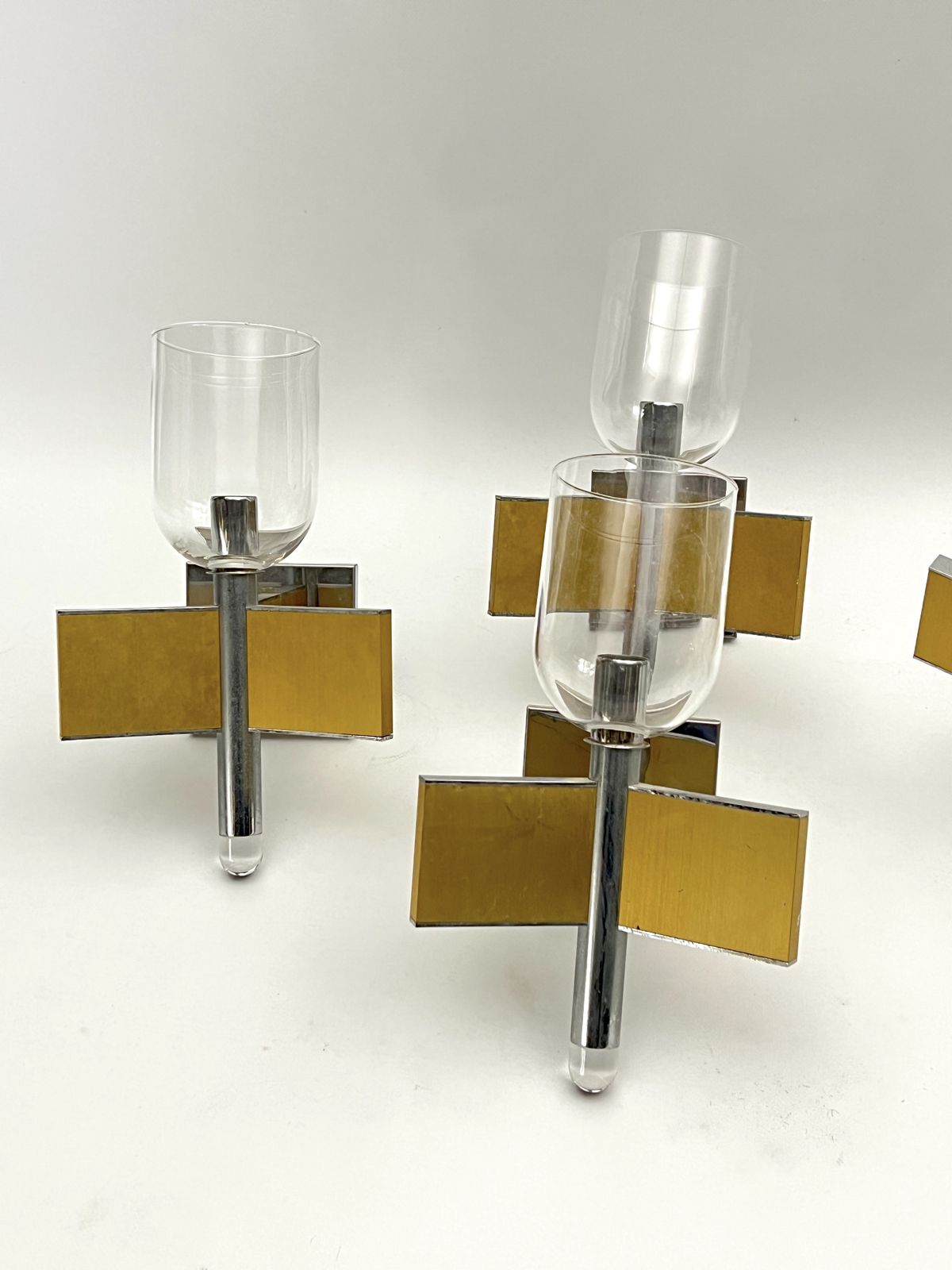photo buy Mid Century Modern Set Of Eight Brass And Chrome Sconces By Sciolari. Italy 1970s