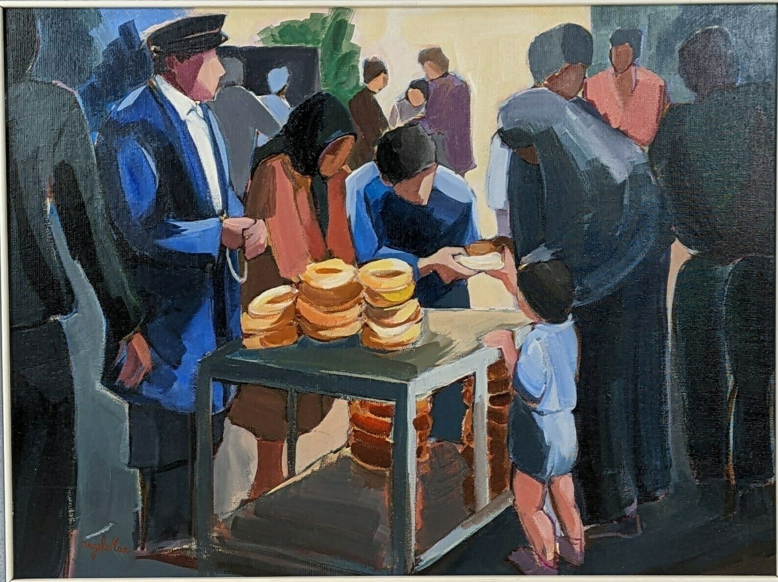 French Signed Acrylic Paint On Board Framed Painting Of Bread Seller In Market photo furniture