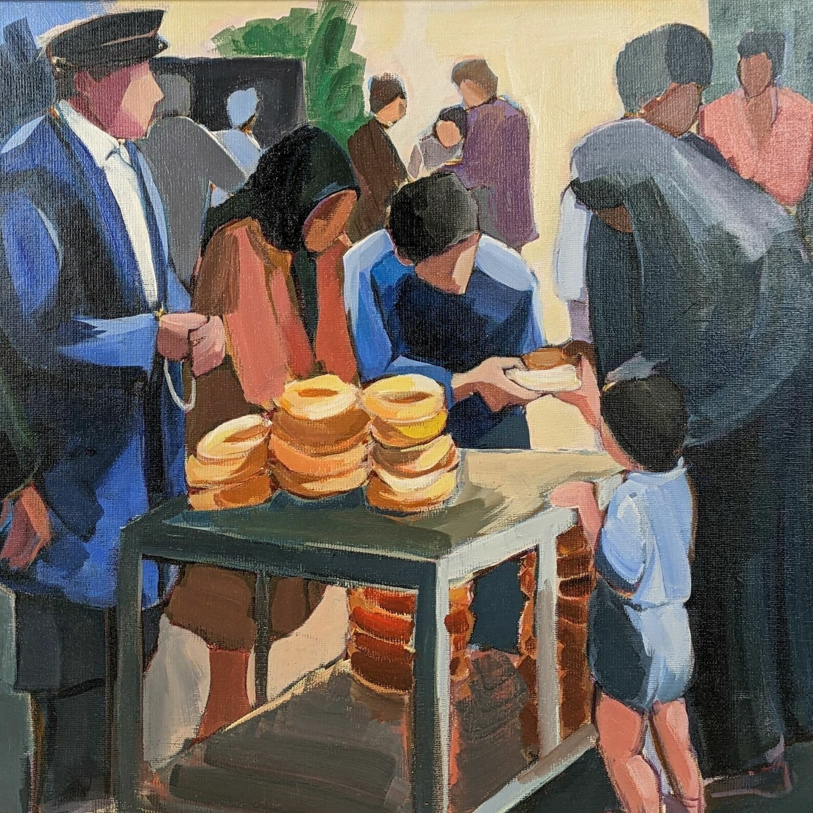 French Signed Acrylic Paint On Board Framed Painting Of Bread Seller In Market photo for sale