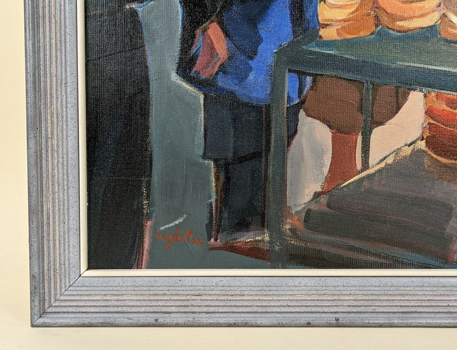 French Signed Acrylic Paint On Board Framed Painting Of Bread Seller In Market photo vinterior