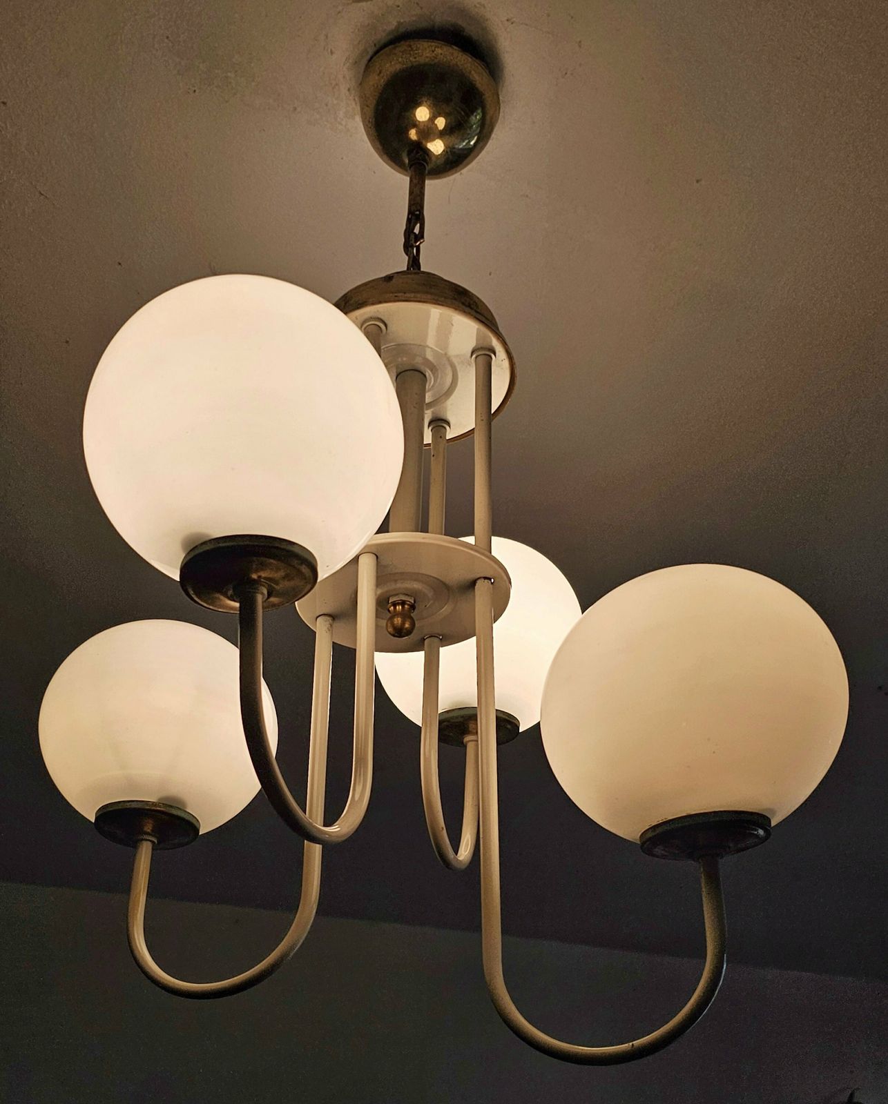 Rare Mid Century Modern Chandelier With 4 Opaline Glass Balls // Elegant Cascade Chandelier // Made In Italy In 1960s photo furniture