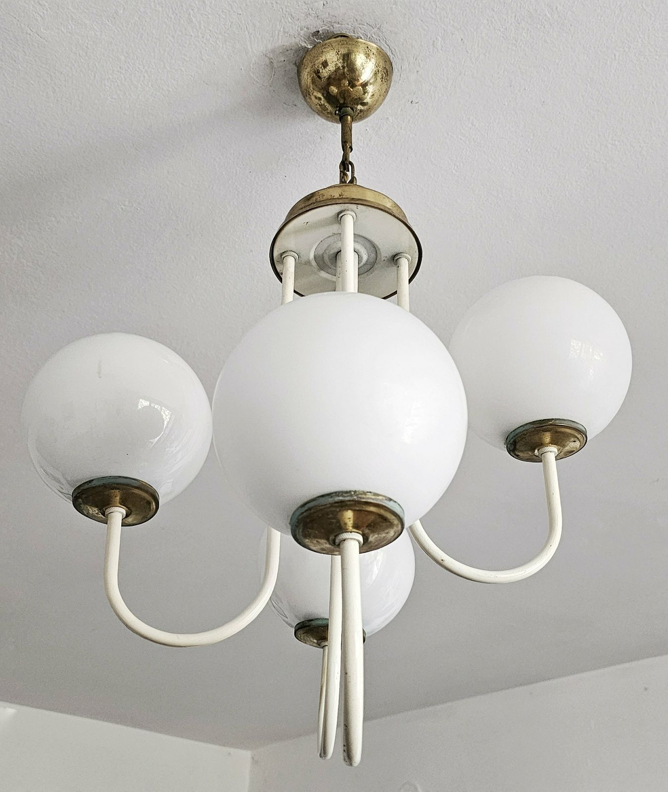 Rare Mid Century Modern Chandelier With 4 Opaline Glass Balls // Elegant Cascade Chandelier // Made In Italy In 1960s photo buy