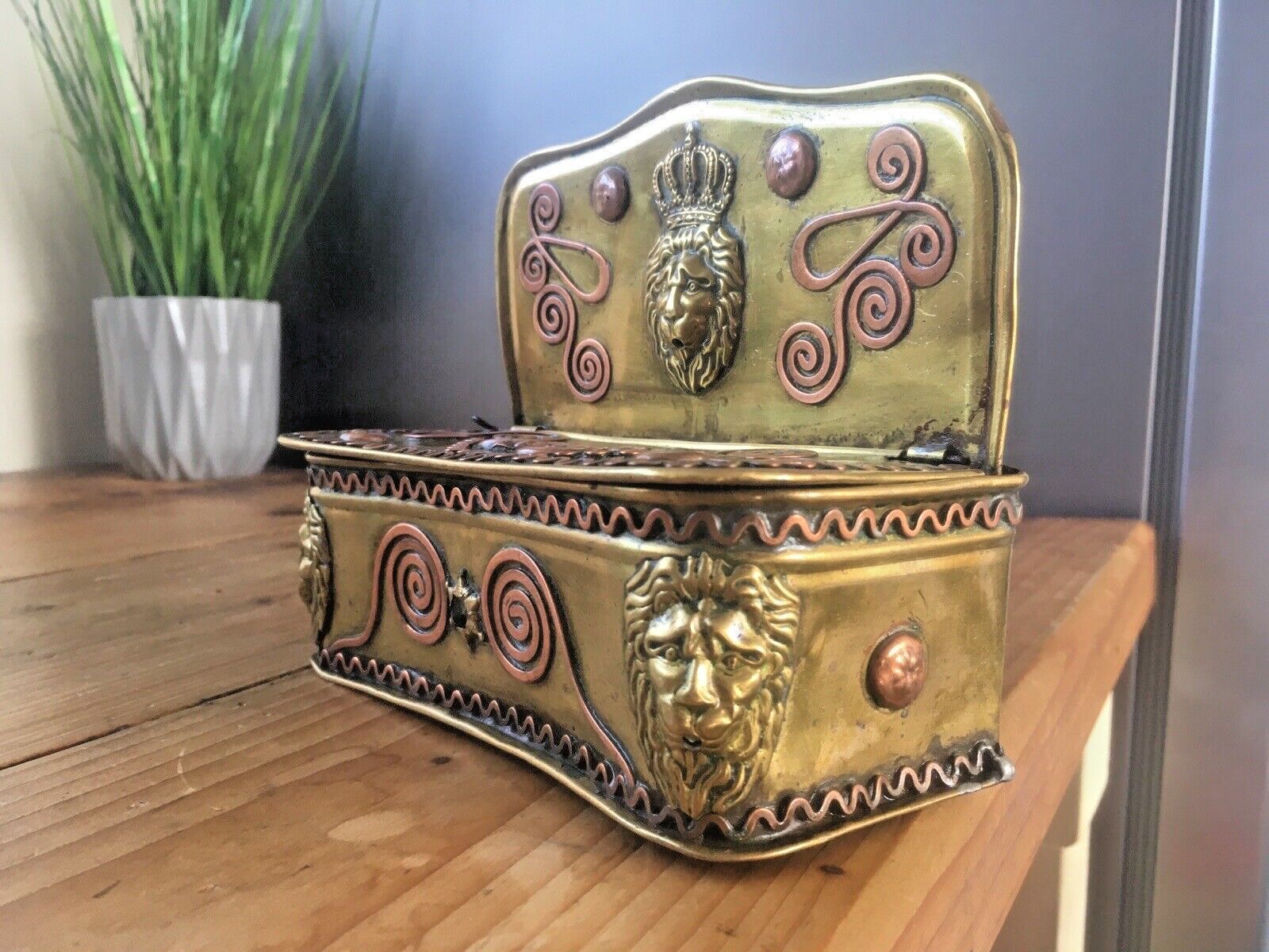 Antique 19th Century Dutch Brass & Copper Gothic Lion Mask Fireside Candle Box