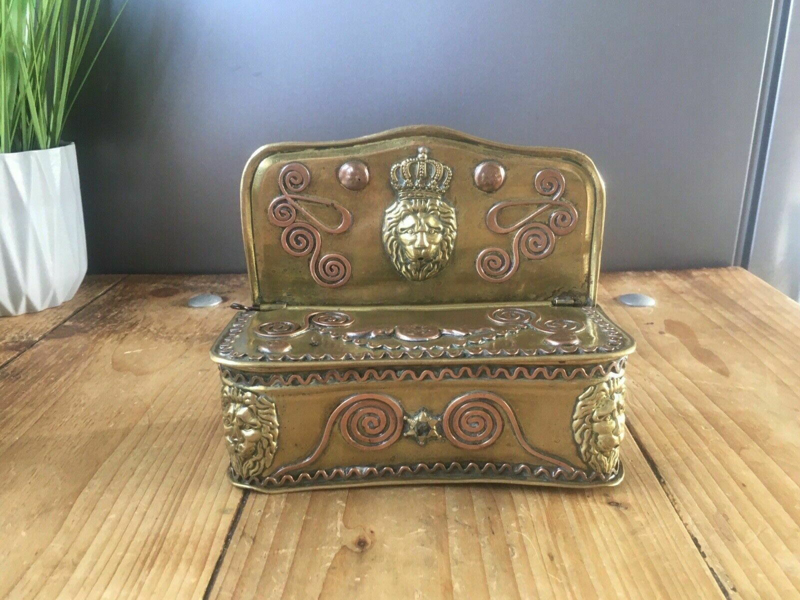 Antique 19th Century Dutch Brass & Copper Gothic Lion Mask Fireside Candle Box photo for sale
