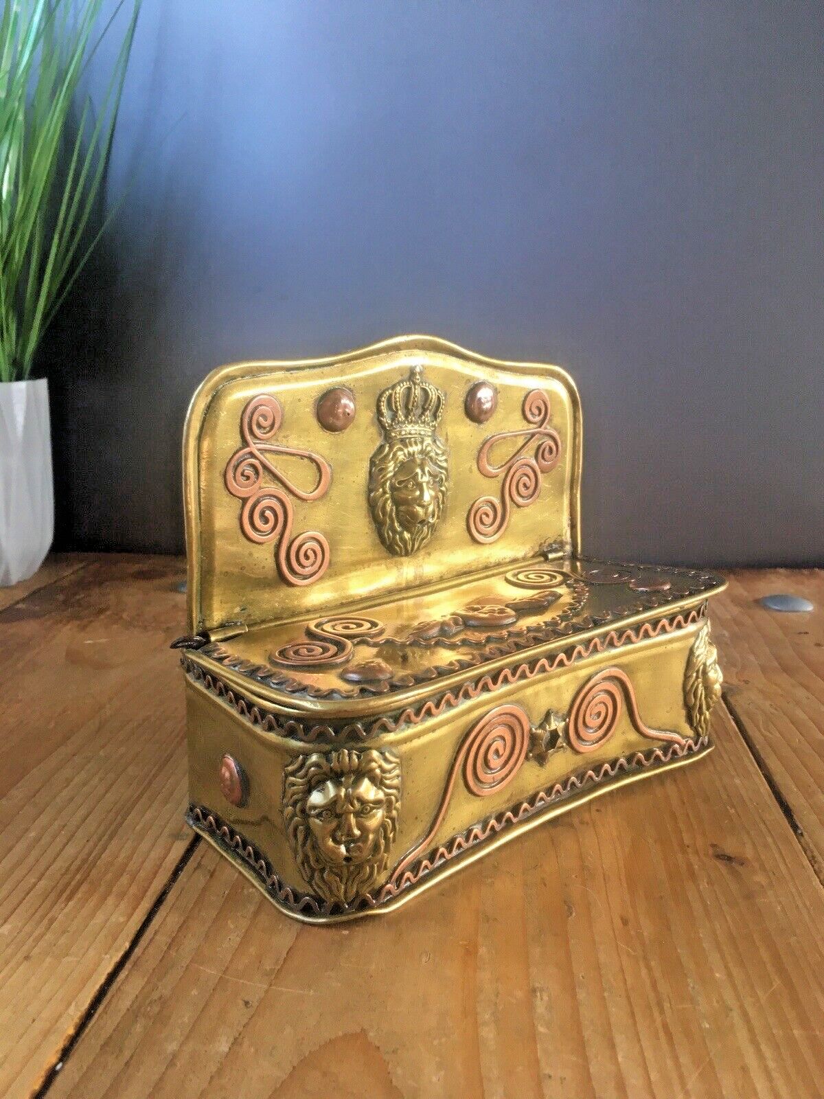Antique 19th Century Dutch Brass & Copper Gothic Lion Mask Fireside Candle Box photo Home Decor