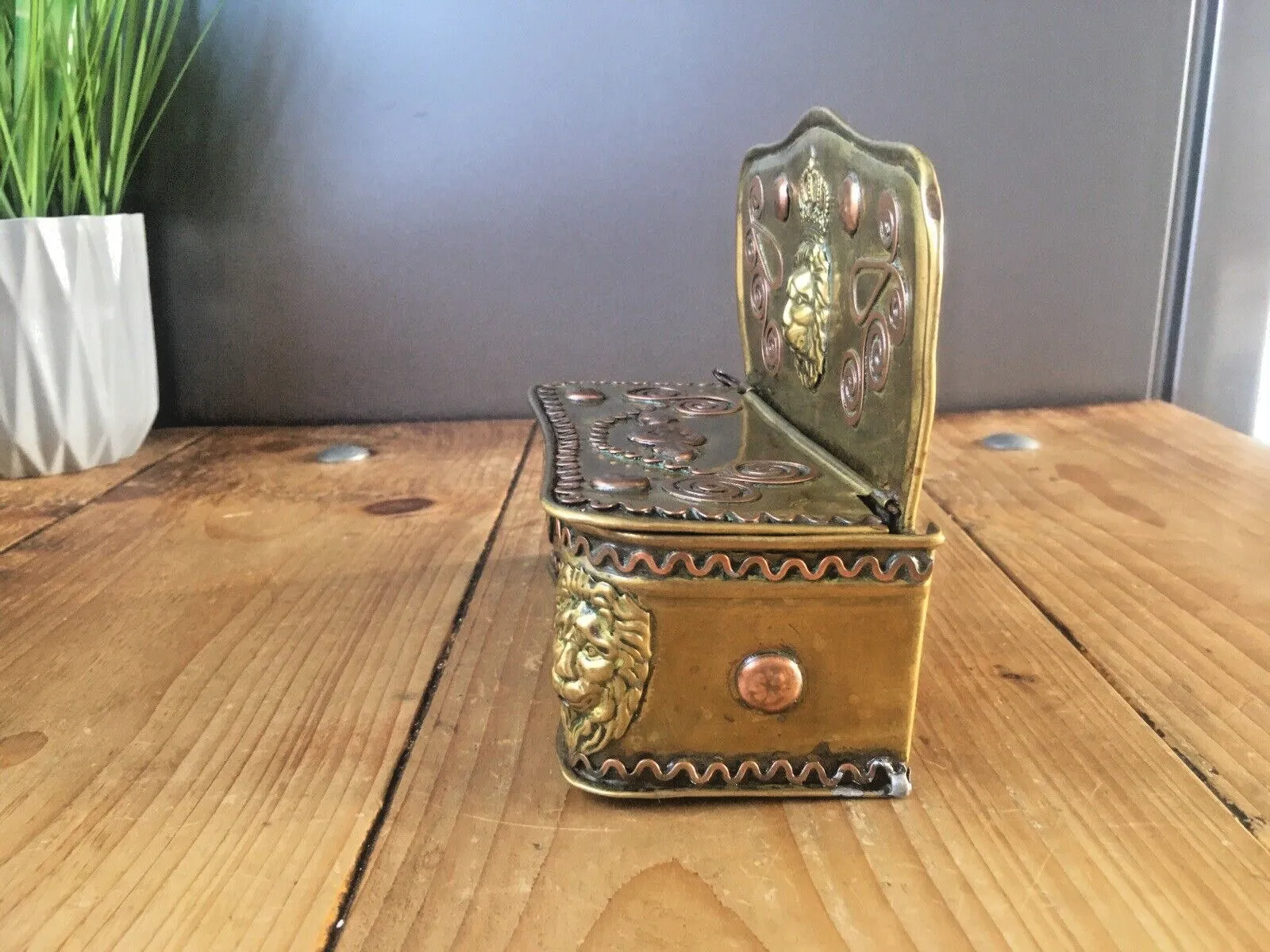 Antique 19th Century Dutch Brass & Copper Gothic Lion Mask Fireside Candle Box photo buy