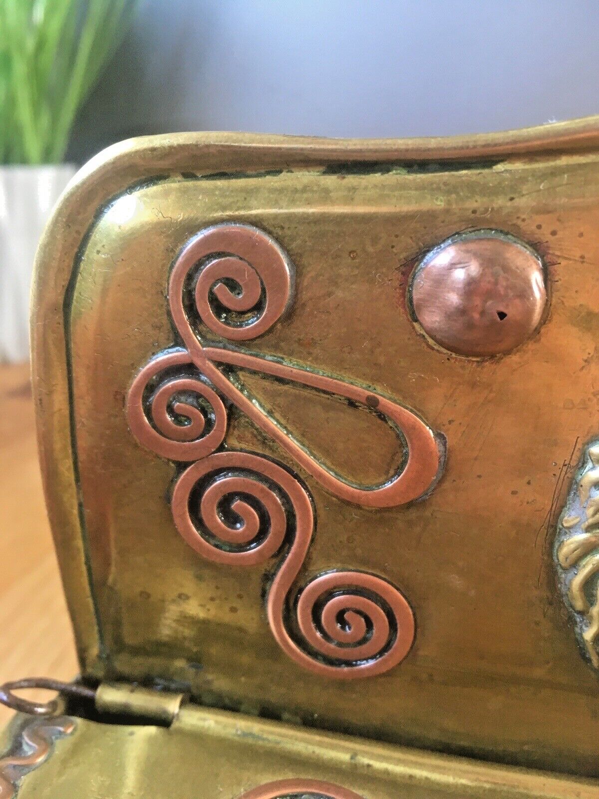 Home Decor Antique 19th Century Dutch Brass & Copper Gothic Lion Mask Fireside Candle Box photo