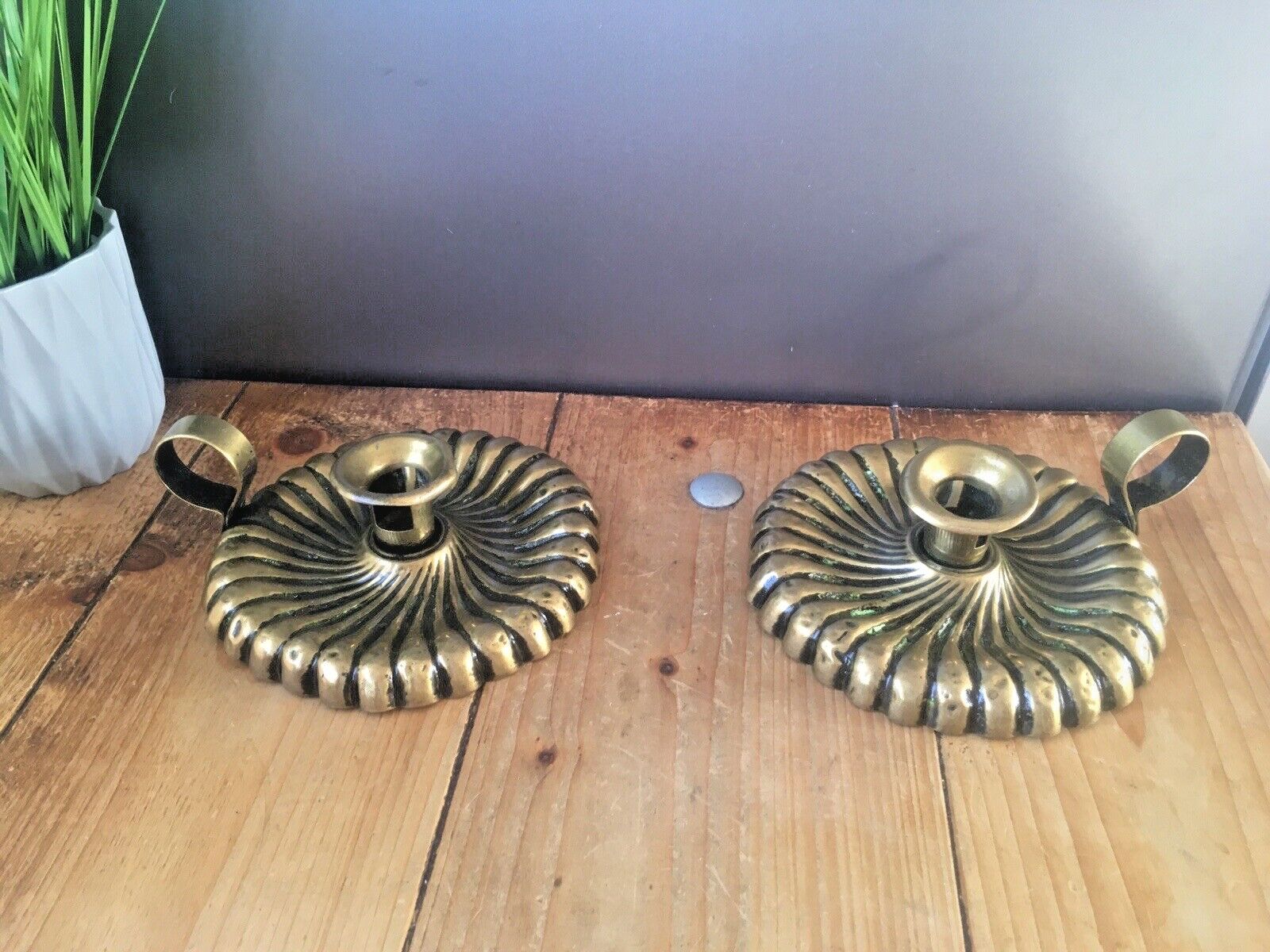 Beautiful Pair Of Antique Art Nouveau Fluted Brass Chamber Candle Holders Sticks photo Home Decor