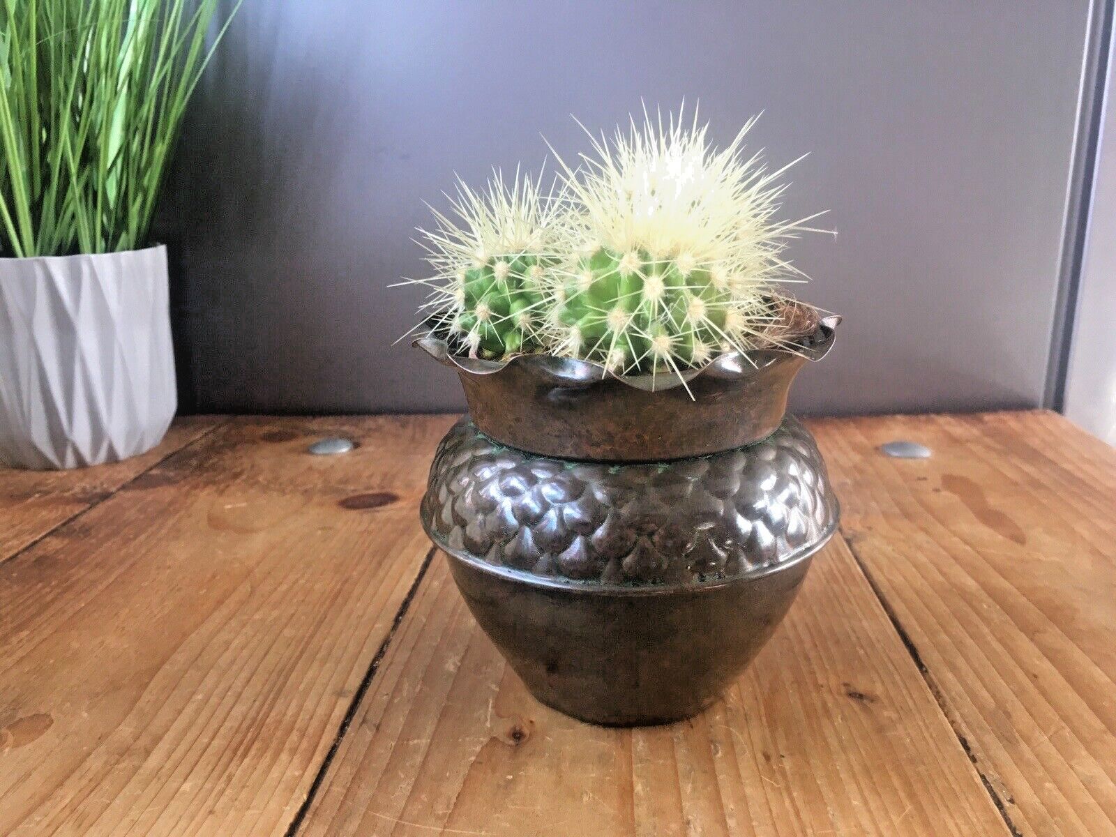 Antique Art Nouveau Deco Fish Scale Ruffled Copper Planter Flower Herb Plant Pot