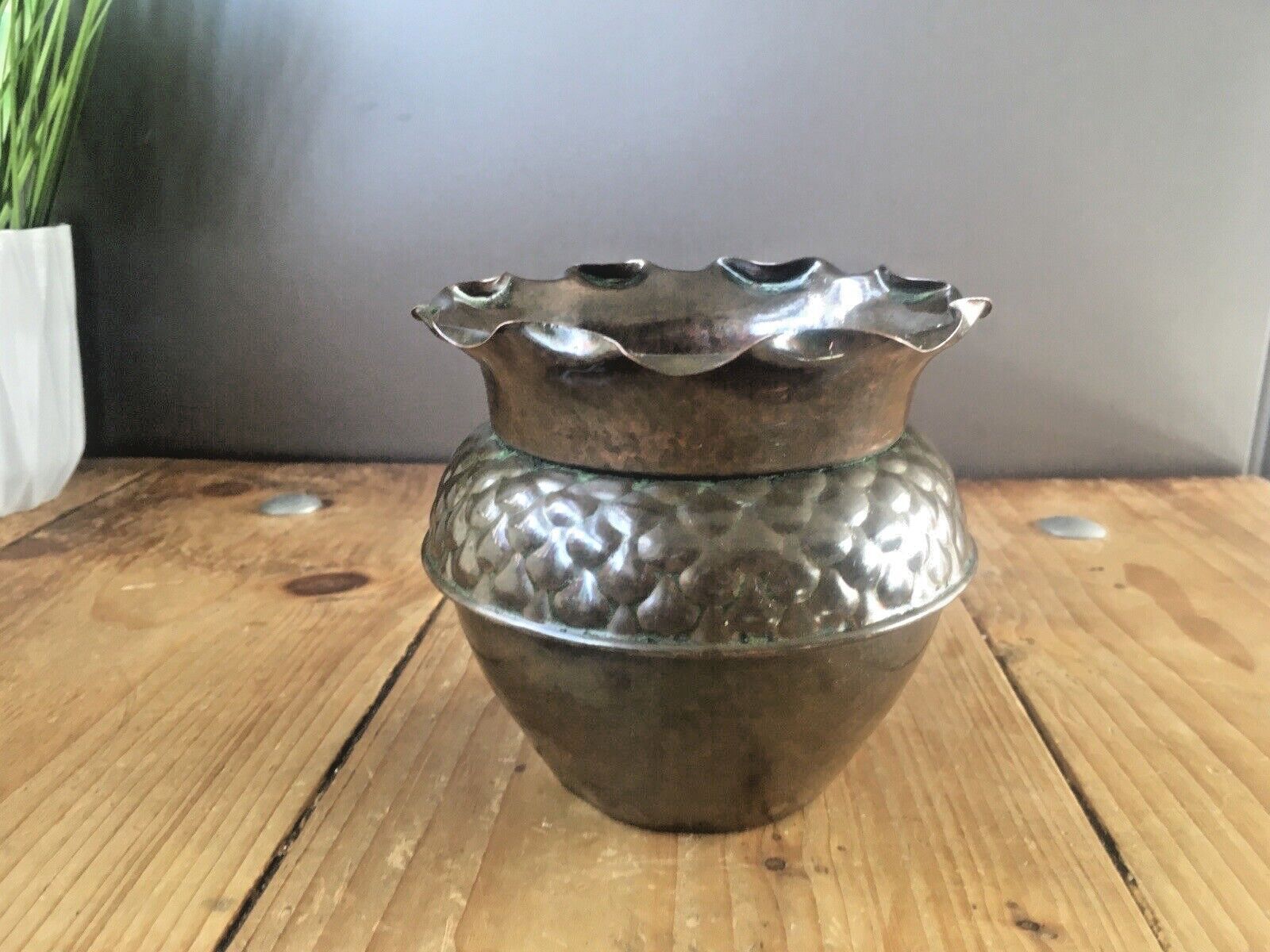 Antique Art Nouveau Deco Fish Scale Ruffled Copper Planter Flower Herb Plant Pot photo for sale