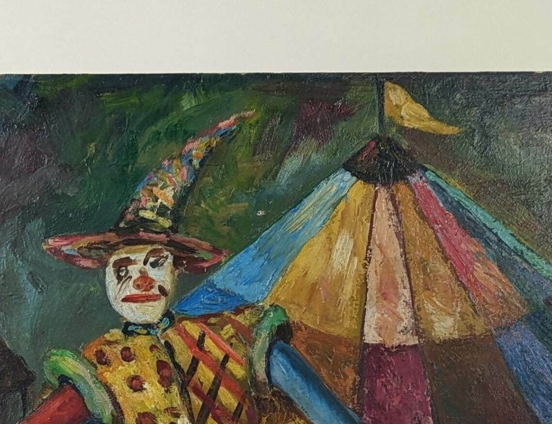 Vintage French Harlequin Oil Painting On Wood Panel photo buy