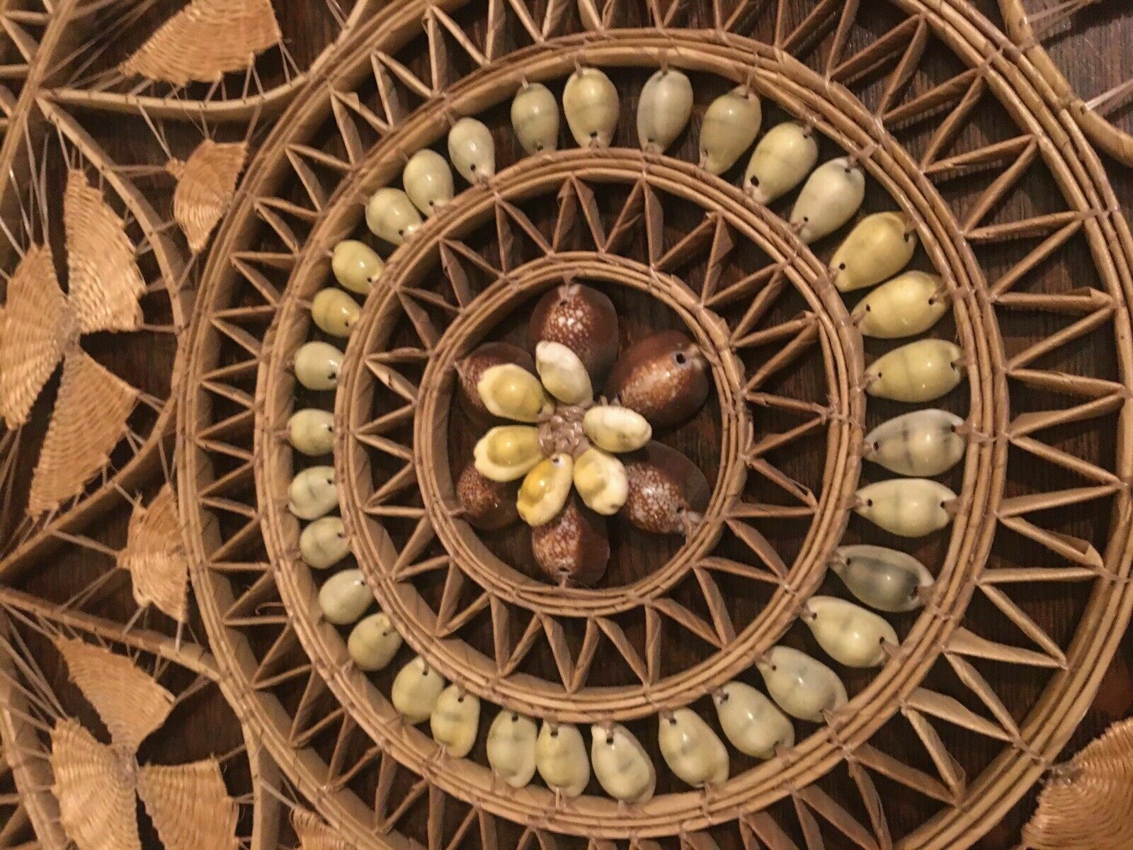 photo furniture Vintage Bamboo Cowrie Shell Reed Wall Hanging Mandala Art Boho Tiki 1970s