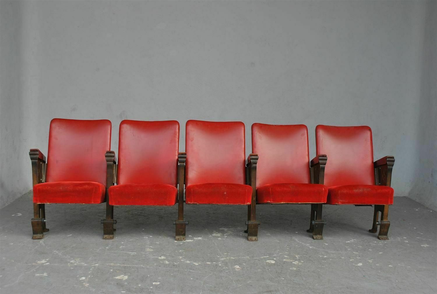 Series Of 5 Red Skai And Patinated Cast Iron Theater Armchairs photo furniture