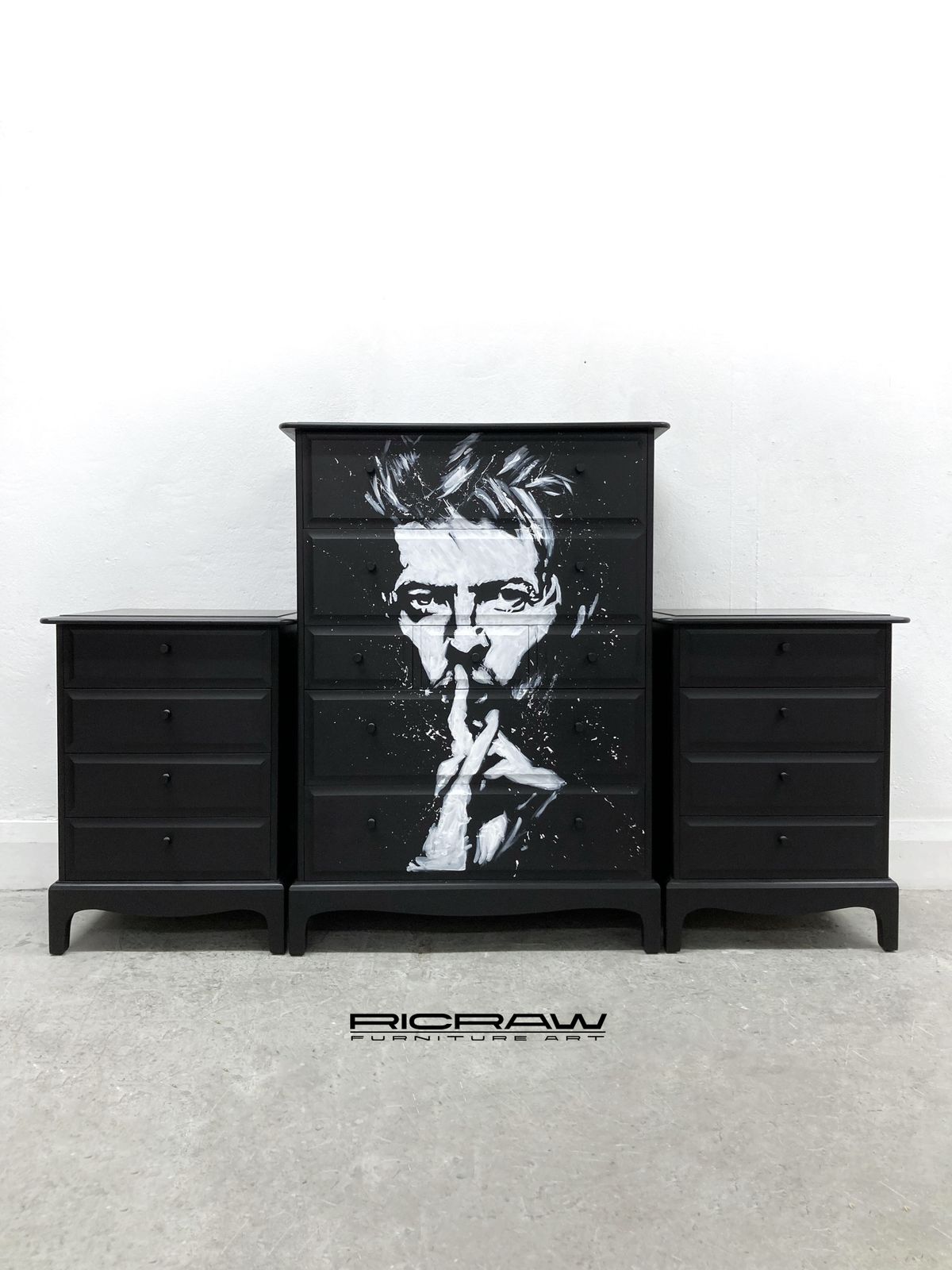 Stag Minstrel Tallboy & Bedsides. Black Stag Furniture Set. Hand Painted David Bowie. Bedroom Furniture. Chest Of Drawers, Bedside Tables.
