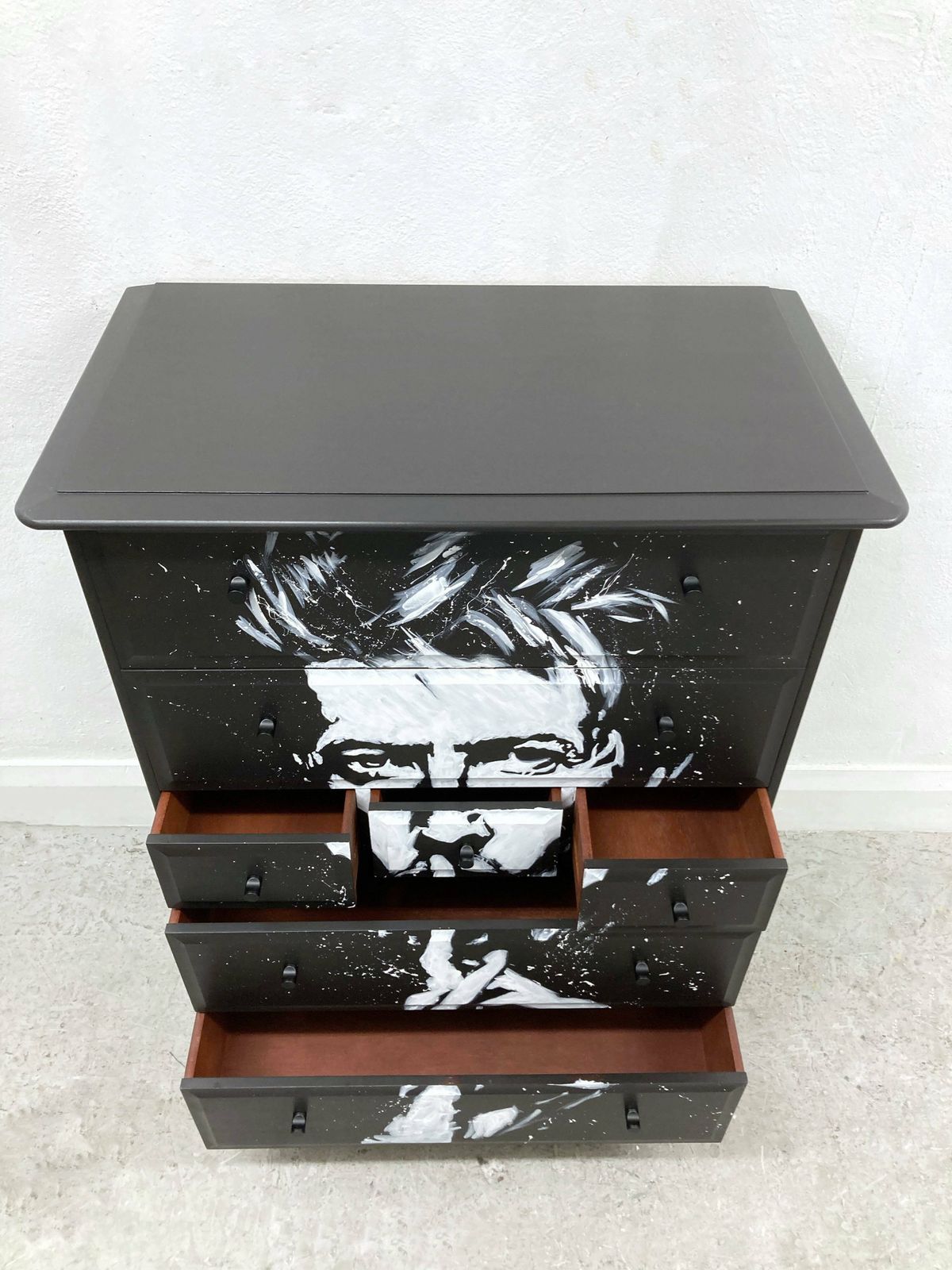 Stag Minstrel Tallboy & Bedsides. Black Stag Furniture Set. Hand Painted David Bowie. Bedroom Furniture. Chest Of Drawers, Bedside Tables. photo for sale