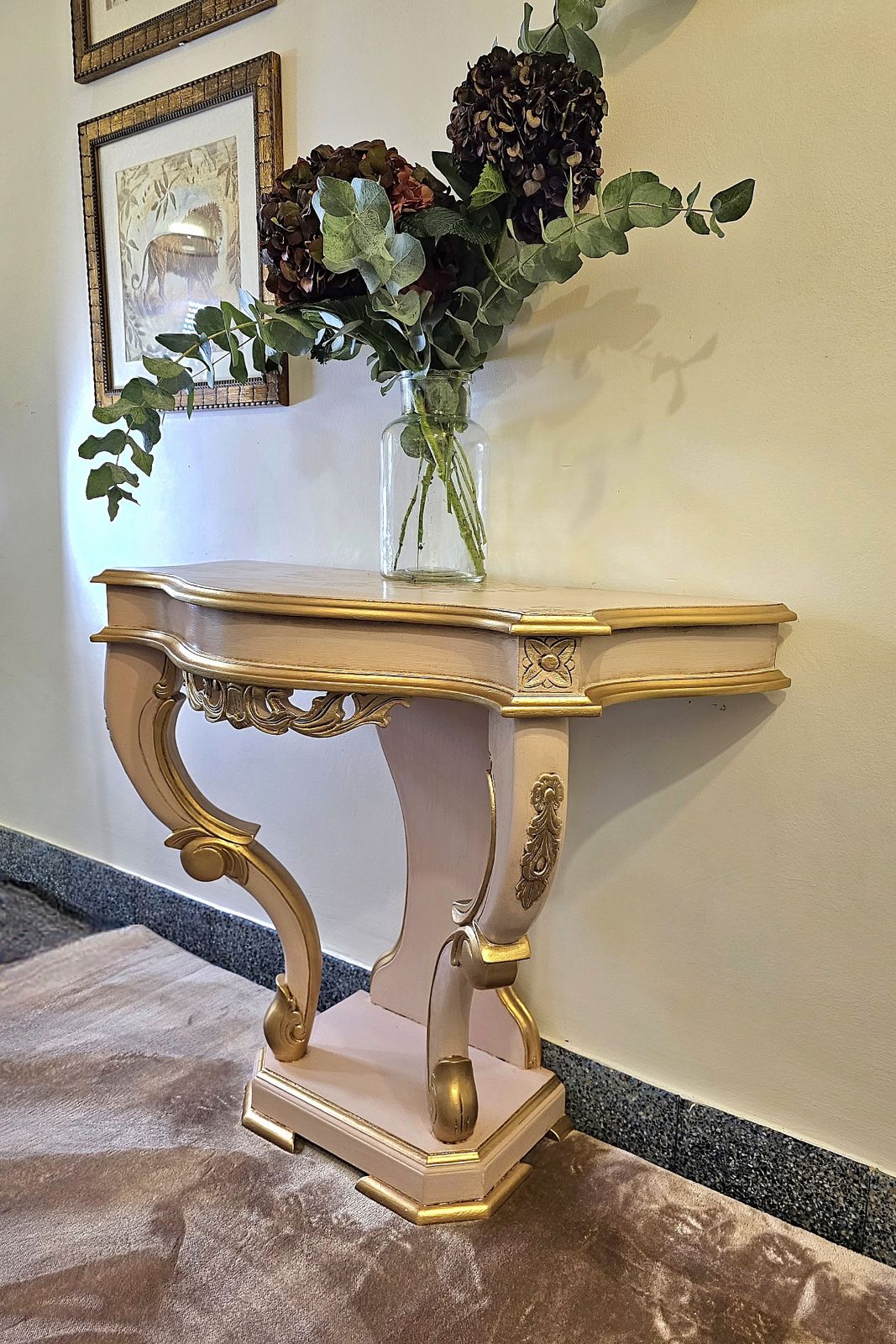 French Style Reproduction Side Table, Pink With Gold Guilding And Highlights photo furniture