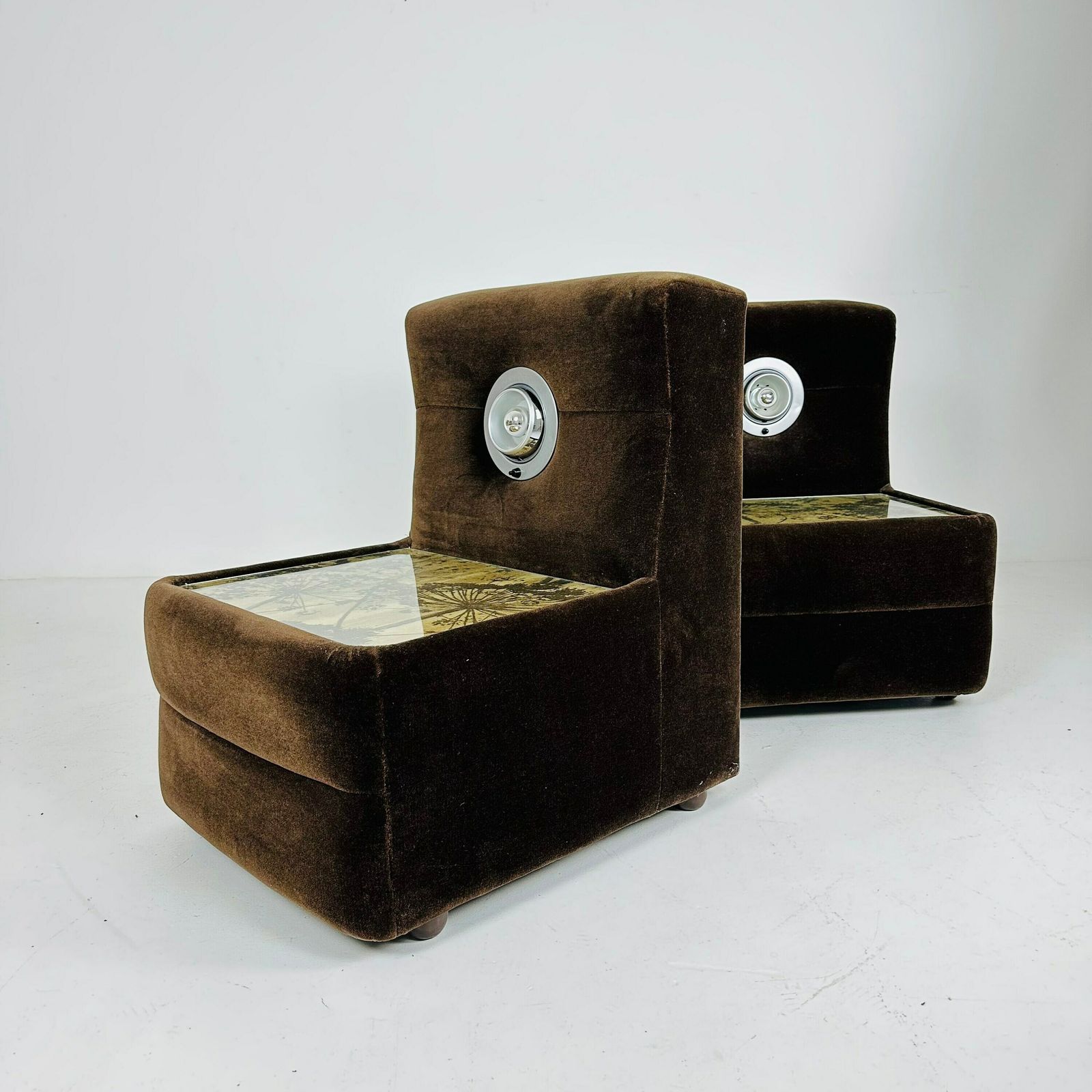 Pair Of Spaceage Nightstands In Brown Velor With Spot Lights 1970s France photo furniture