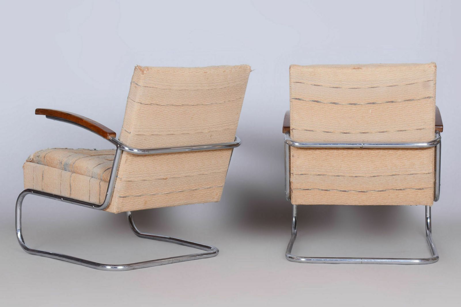 Original Bauhaus Pair Of Armchairs And Stool, Chrome, Beech, Czechia, 1920s photo vinterior