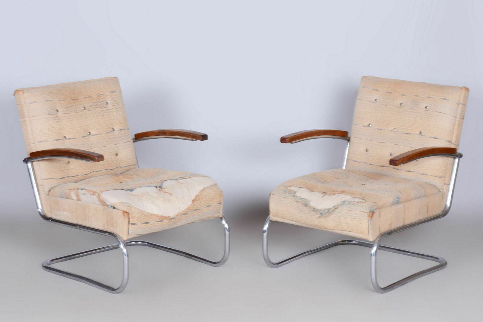 Furniture Original Bauhaus Pair Of Armchairs And Stool, Chrome, Beech, Czechia, 1920s photo