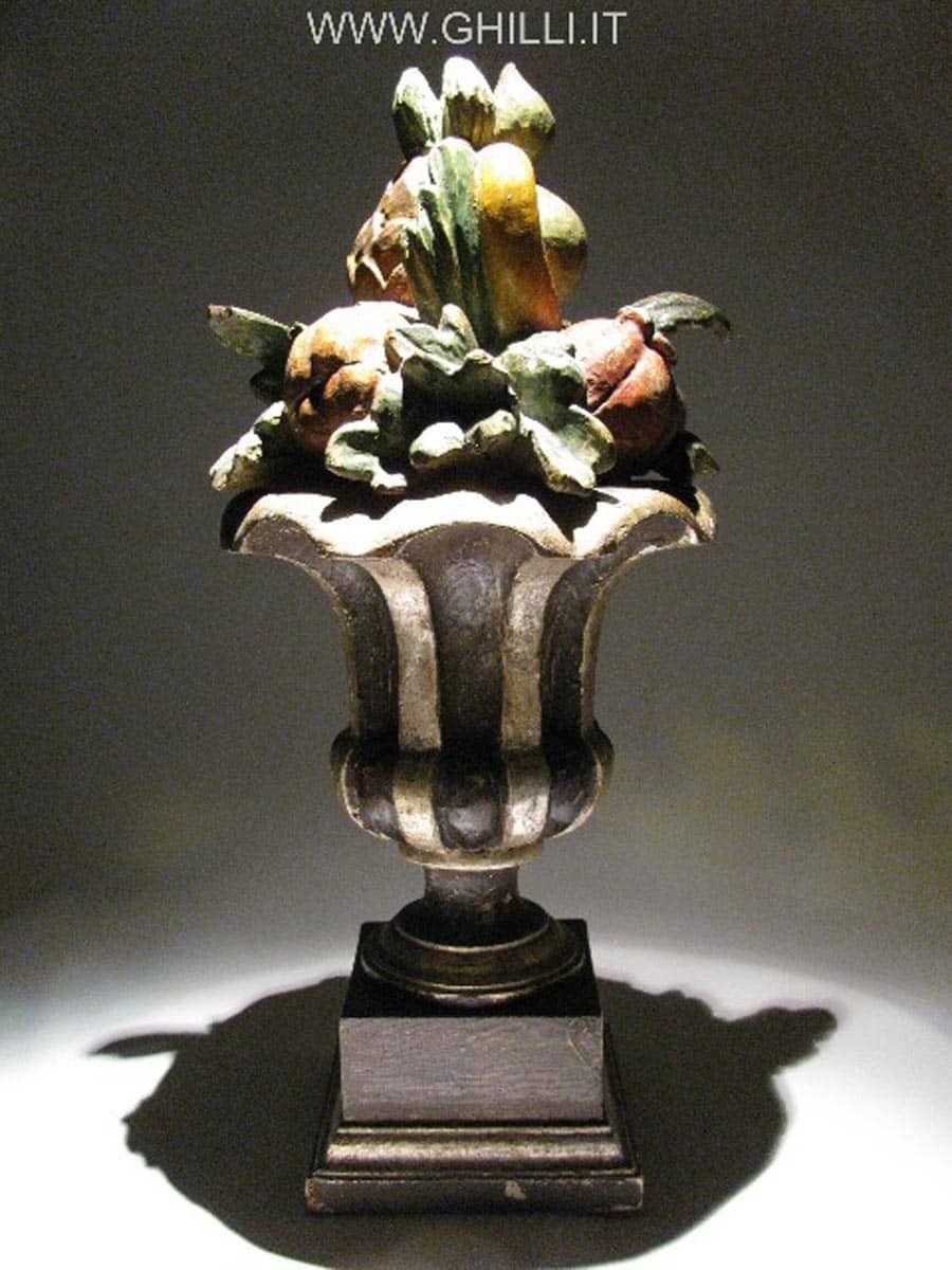 Polychrome Wood Centerpiece Carved With Fruit