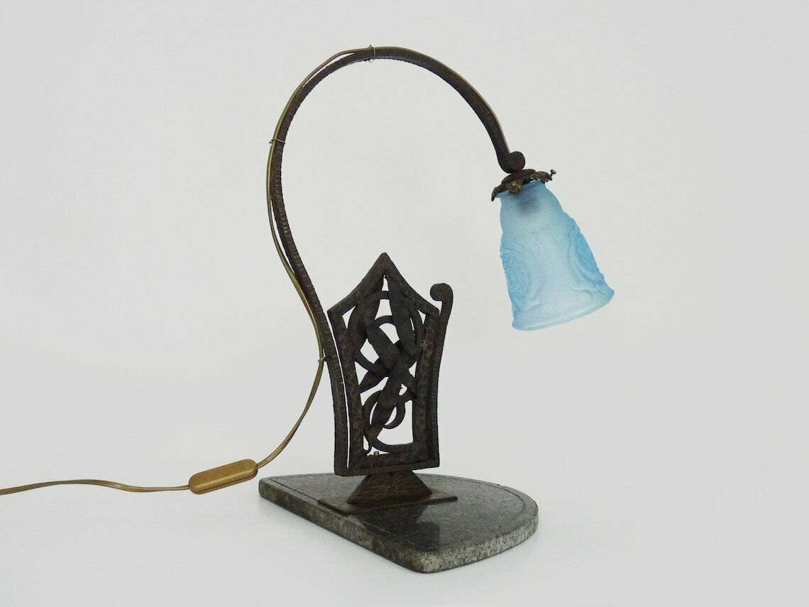 Large Art Deco Wrought Iron Foot Lamp On Gray Marble Base, Blue Tulip Signed photo 318.0