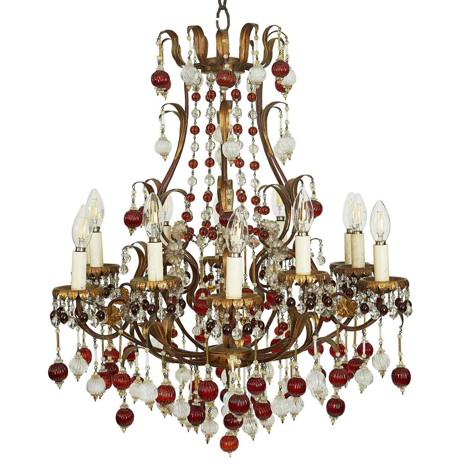 Golden Iron Cage Chandelier With Colored Glass, Circa 1960 photo furniture