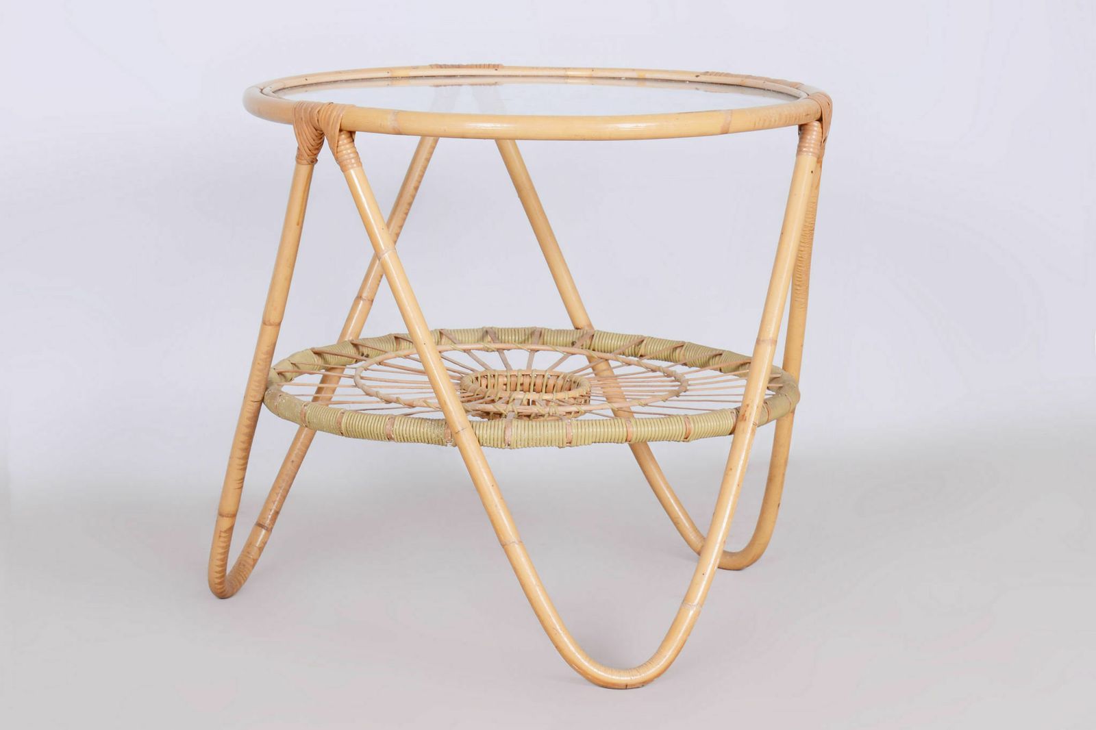 Original Midcentury Small Table, Alan Fuchs, Uluv   Center For Folk Art Production, Rattan, Glass, Czechia, 1940s photo buy